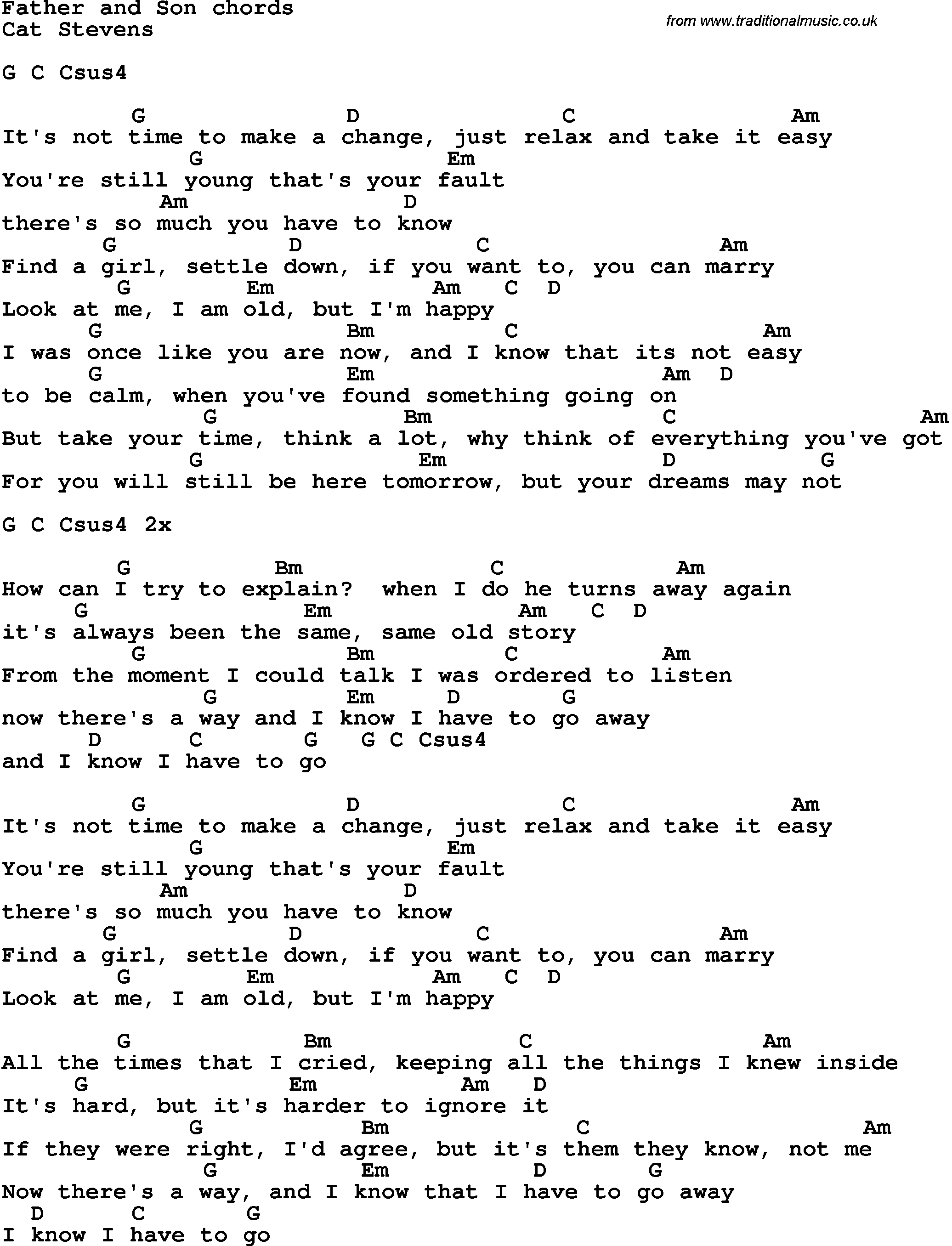 Song Lyrics with guitar chords for Father And Son