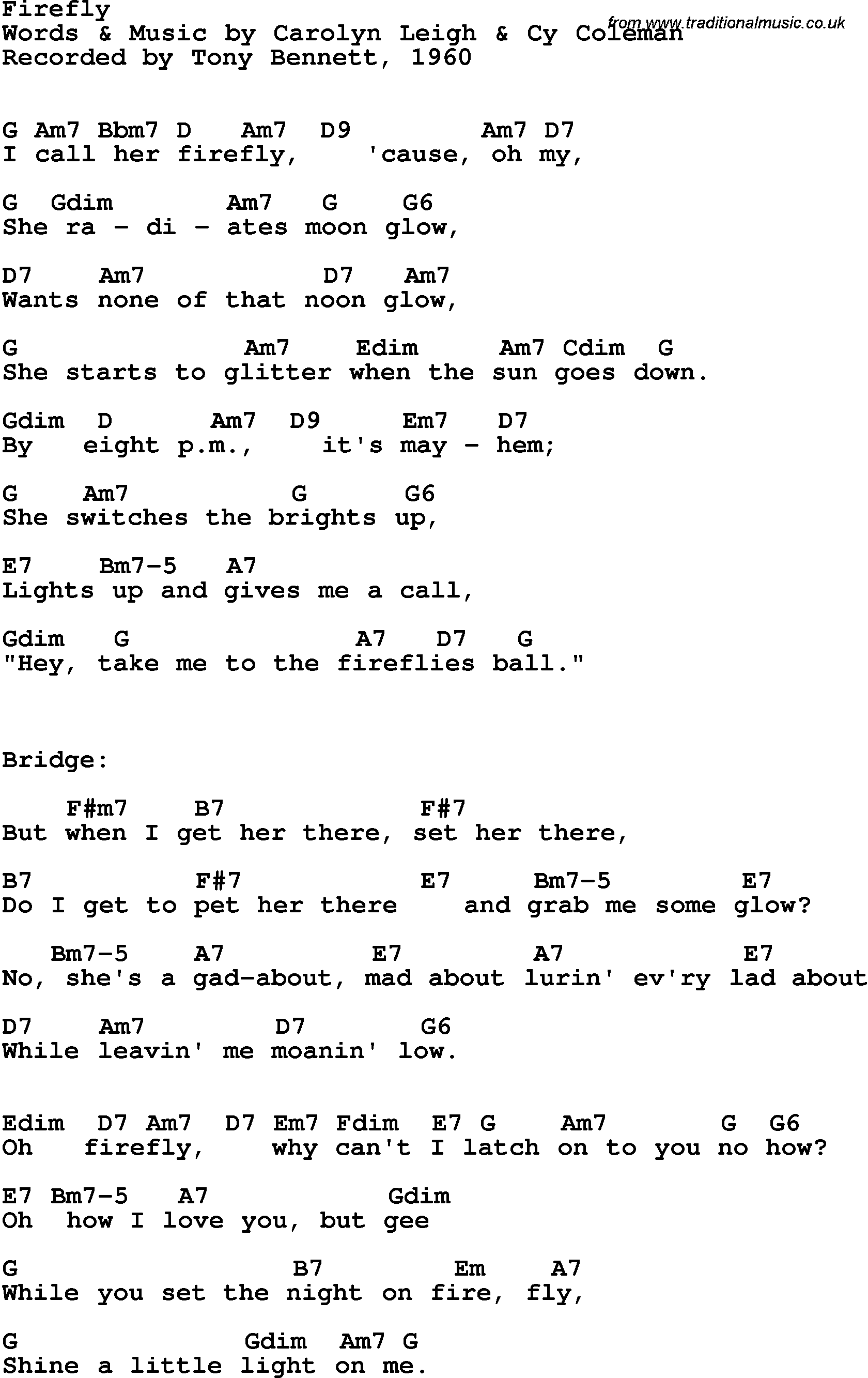 Song Lyrics with guitar chords for Firefly - Tony Bennett, 1960