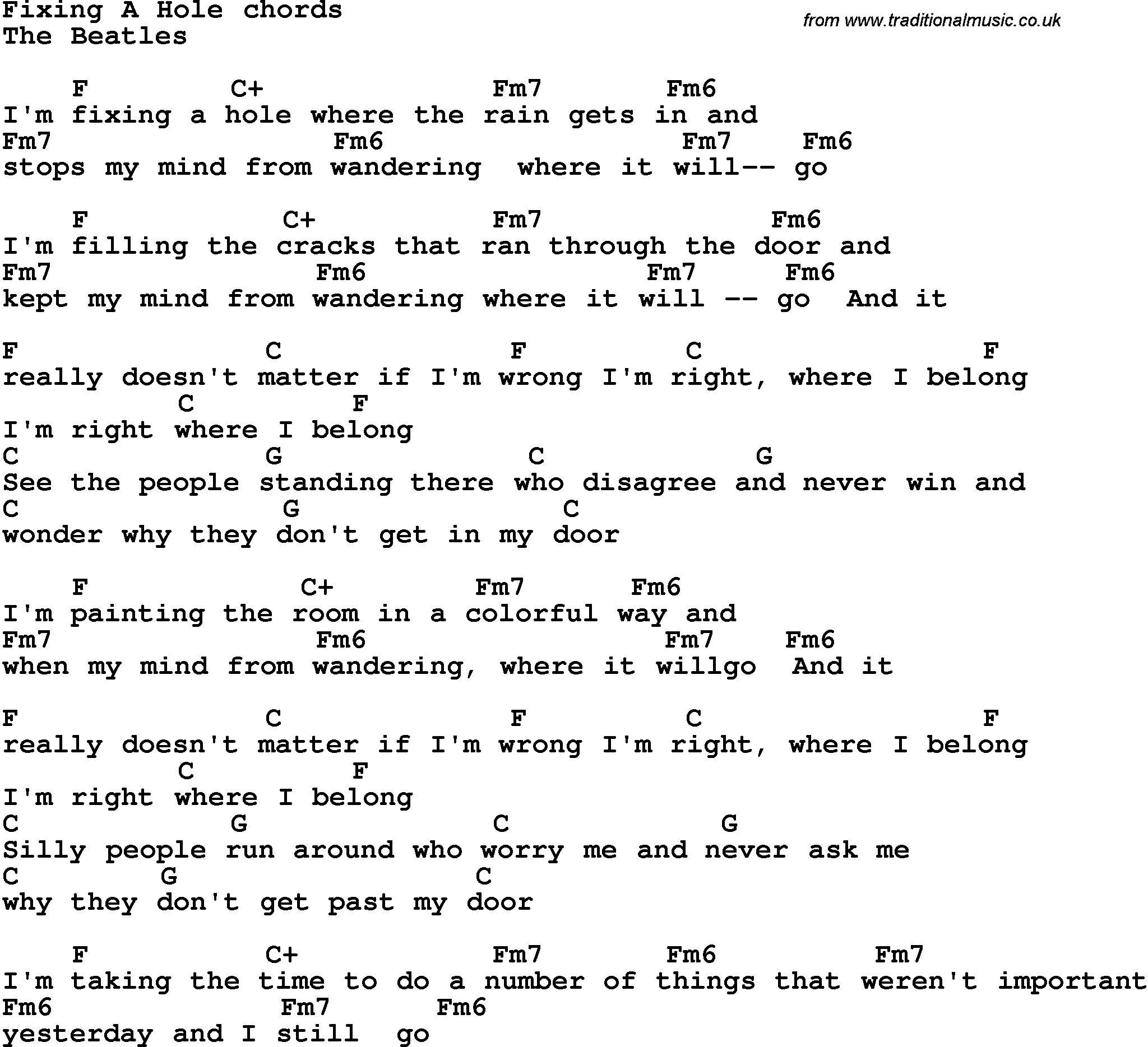 Song Lyrics with guitar chords for Fixing A Hole - The Beatles