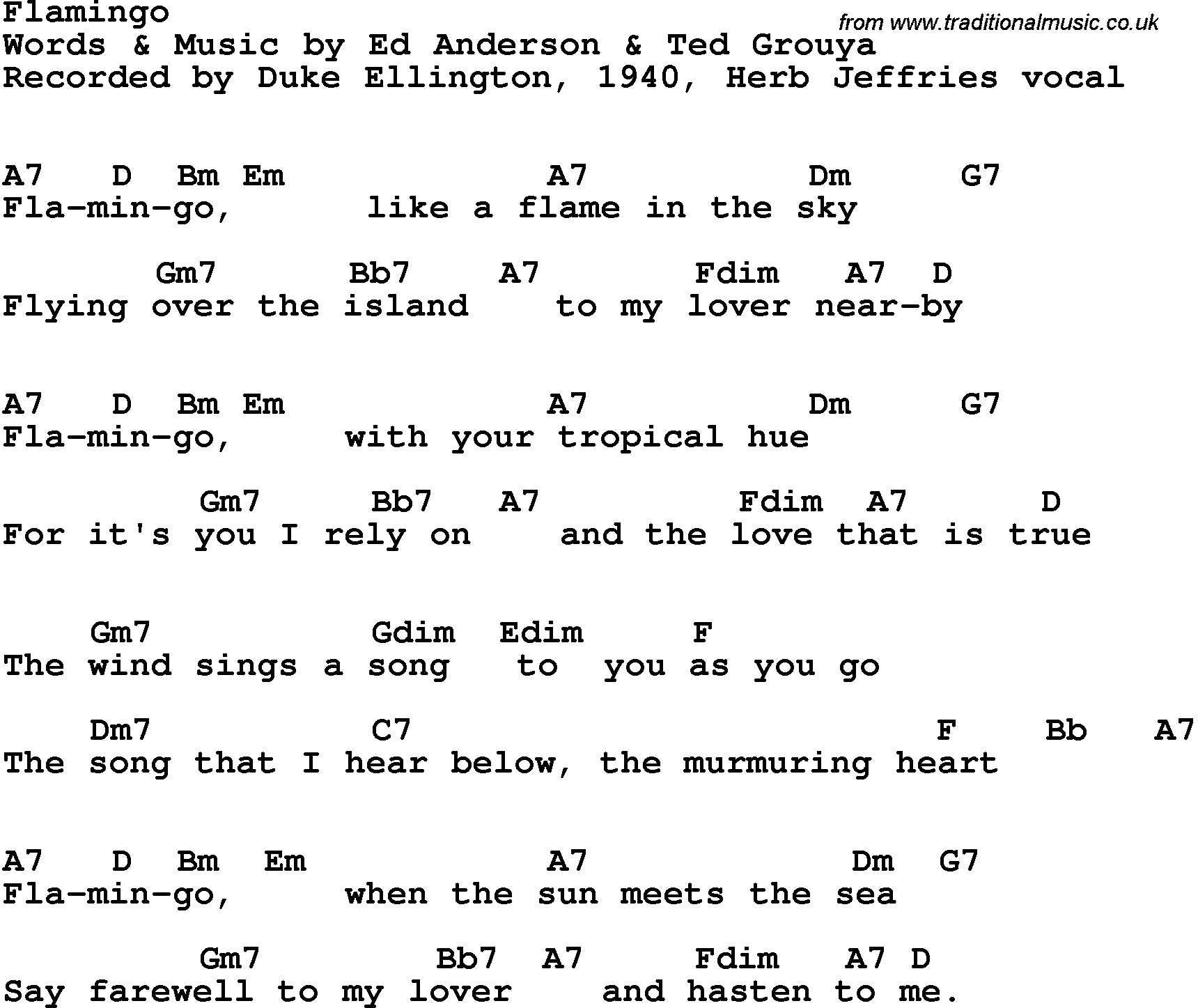 Song Lyrics with guitar chords for Flamingo - Duke Ellington, 1940, Herb Jeffries Vocal