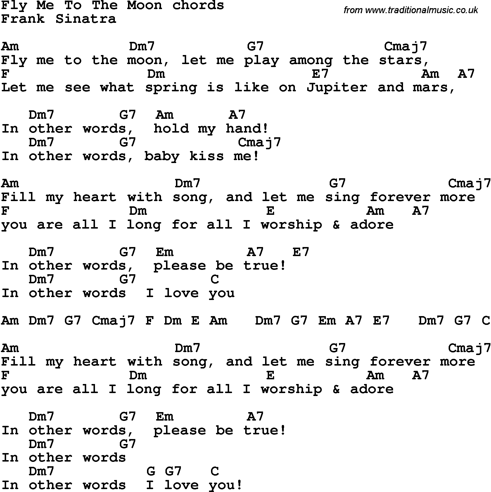 Song Lyrics with guitar chords for Fly Me To The Moon - Frank Sinatra