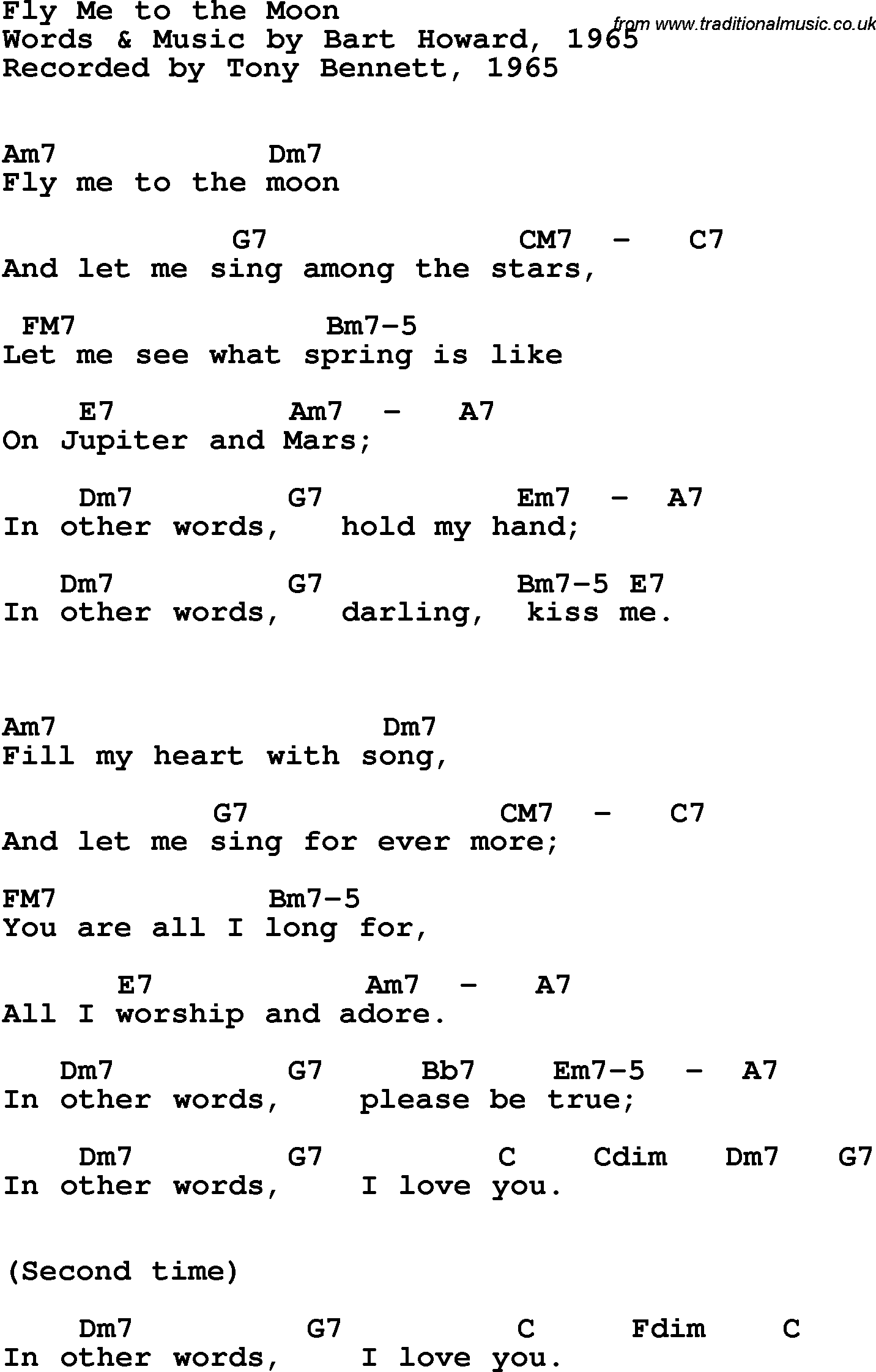 Song Lyrics with guitar chords for Fly Me To The Moon - Tony Bennett, 1965