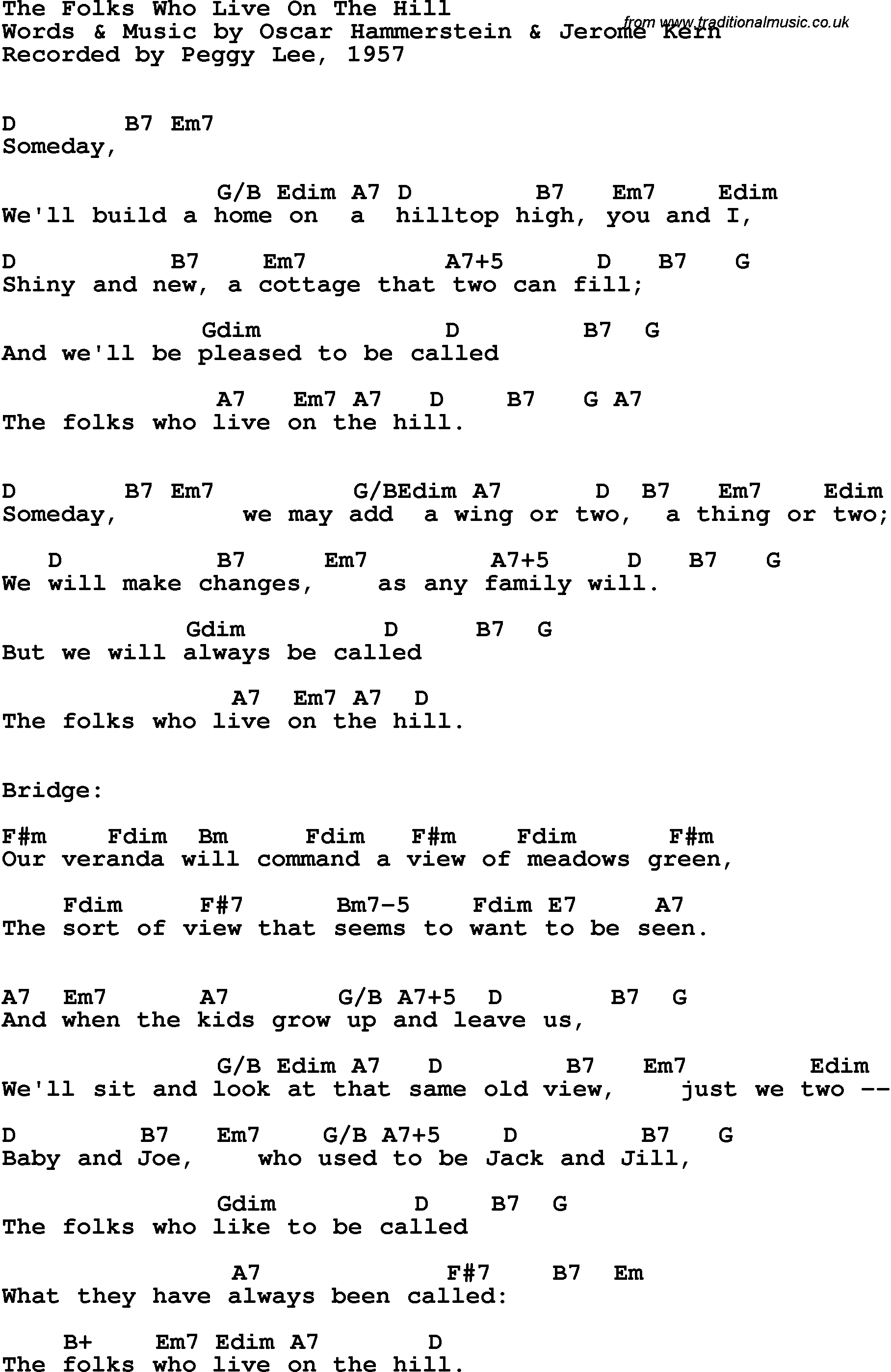 Song Lyrics with guitar chords for Folks Who Live On The Hill, The - Peggy Lee, 1957