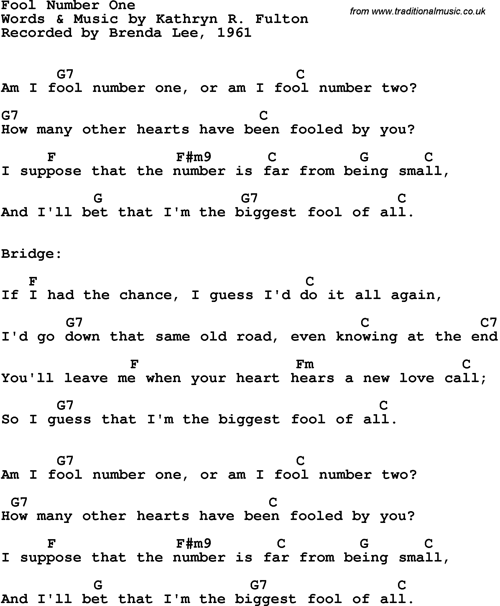 Song Lyrics with guitar chords for Fool Number One - Brenda Lee, 1961