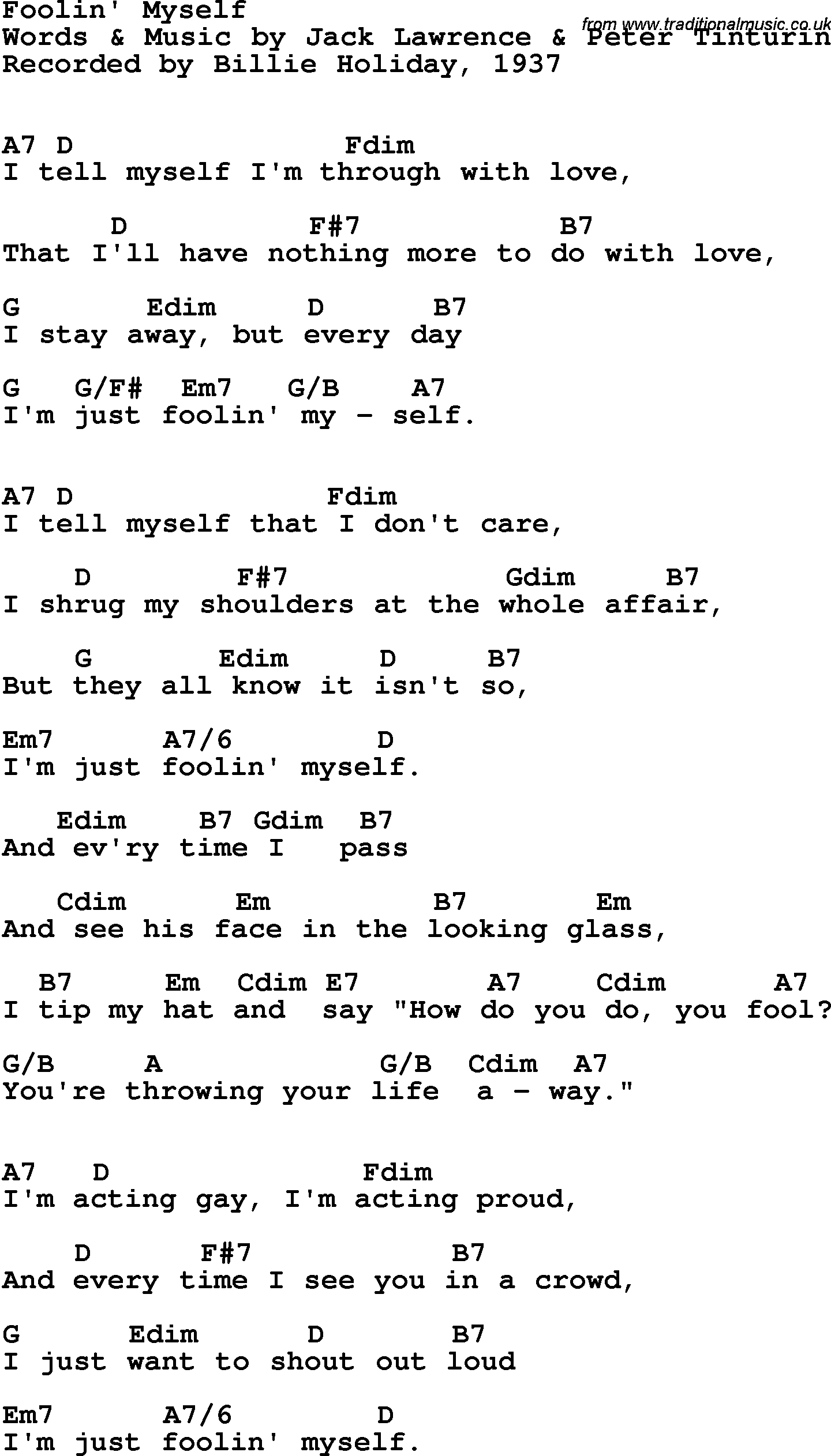 Song Lyrics with guitar chords for Fooling Myself - Billie Holiday, 1937