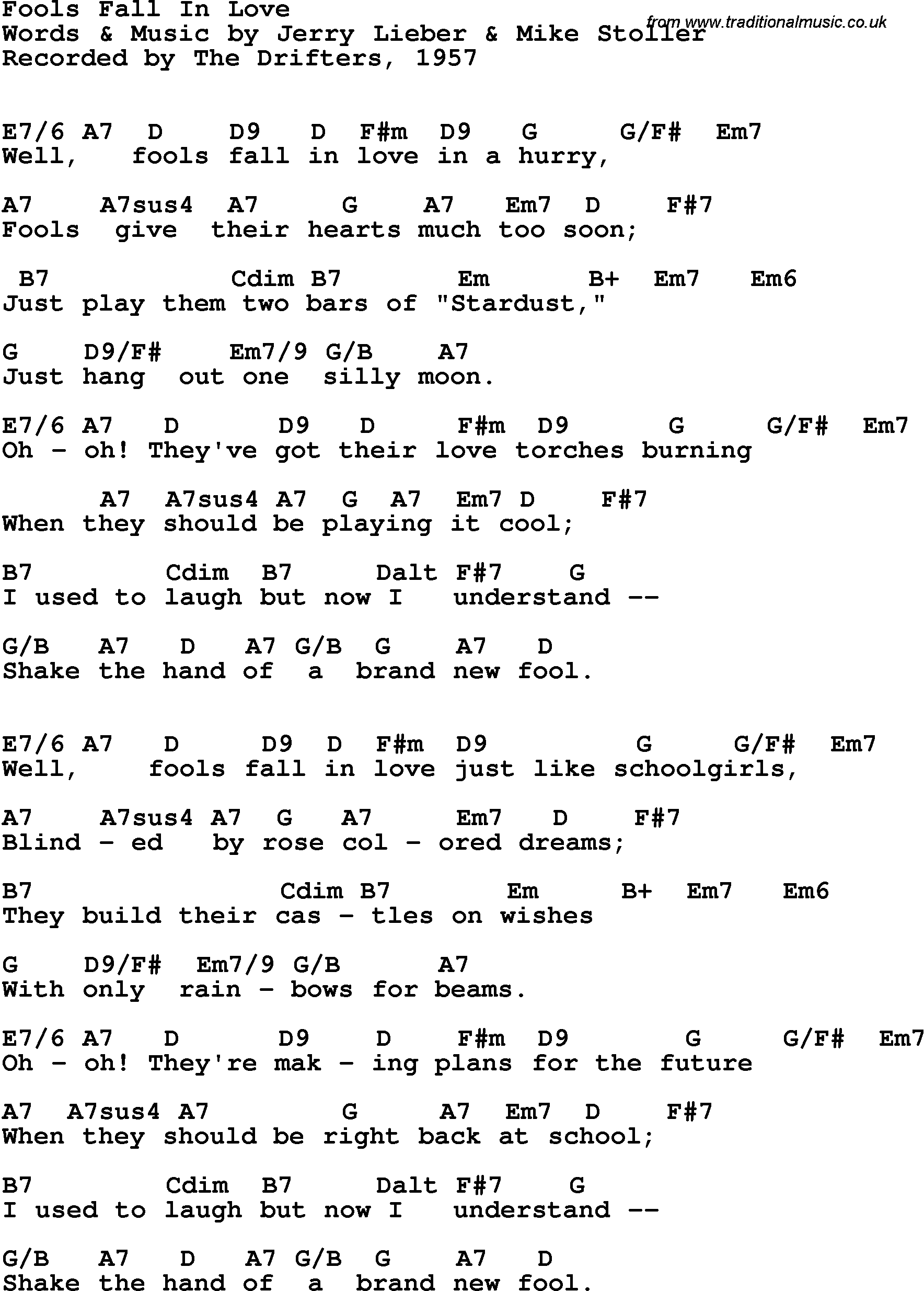 Song Lyrics with guitar chords for Fools Fall In Love - The Drifters, 1957