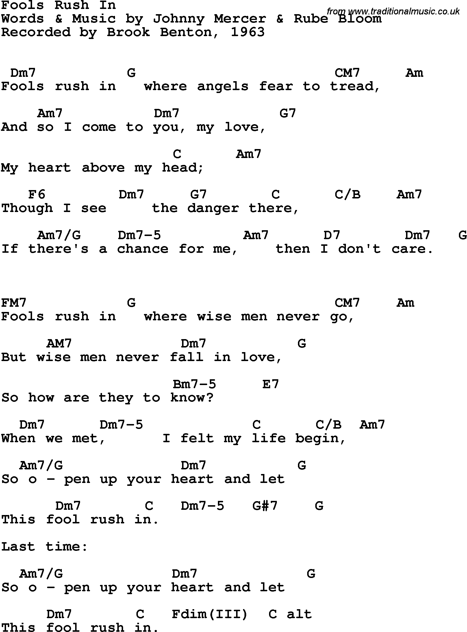 Song Lyrics with guitar chords for Fools Rush In - Brook Benton, 1963