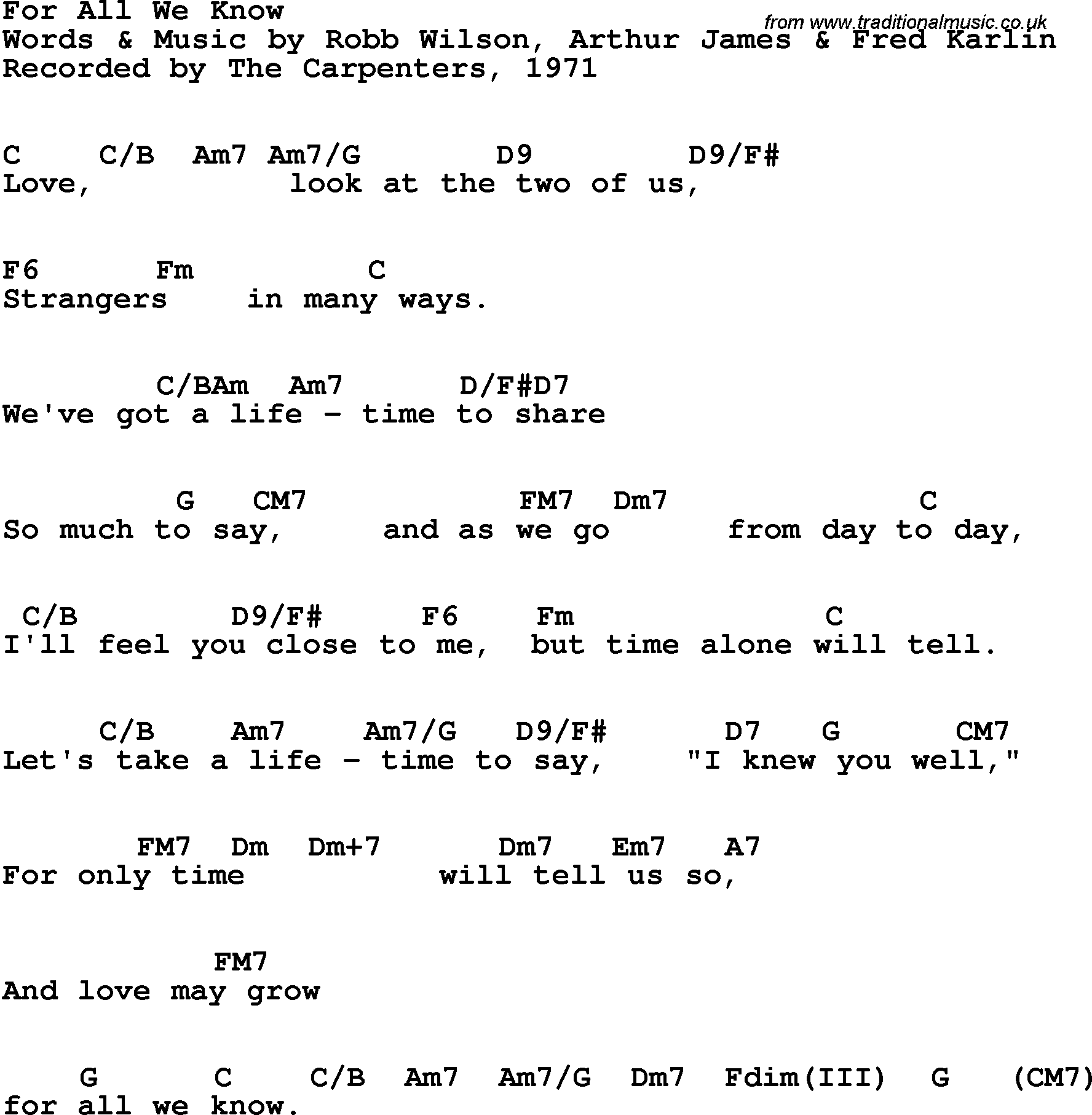 Song Lyrics with guitar chords for For All We Know - The Carpenters, 1971