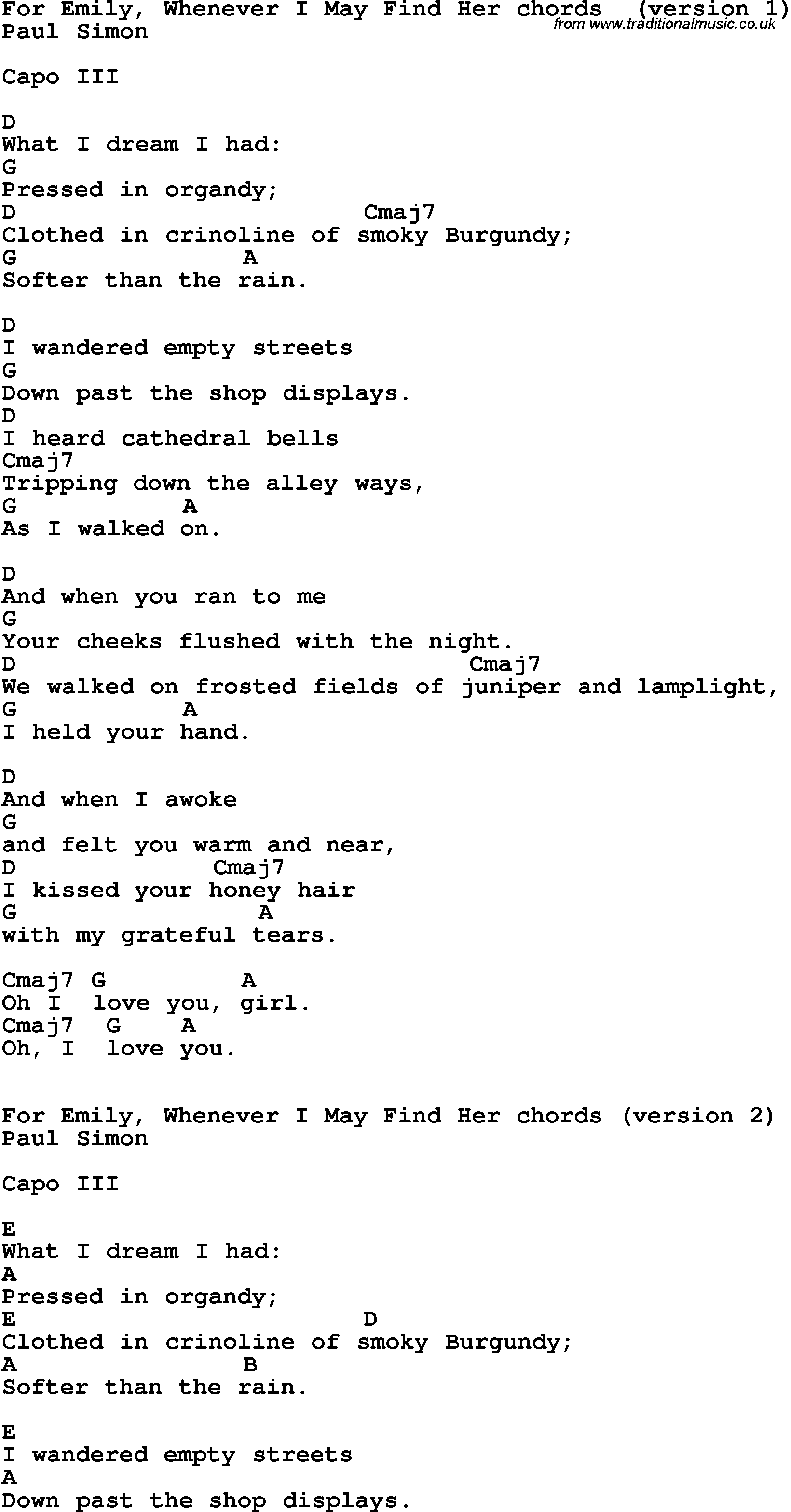 Song Lyrics with guitar chords for For Emily