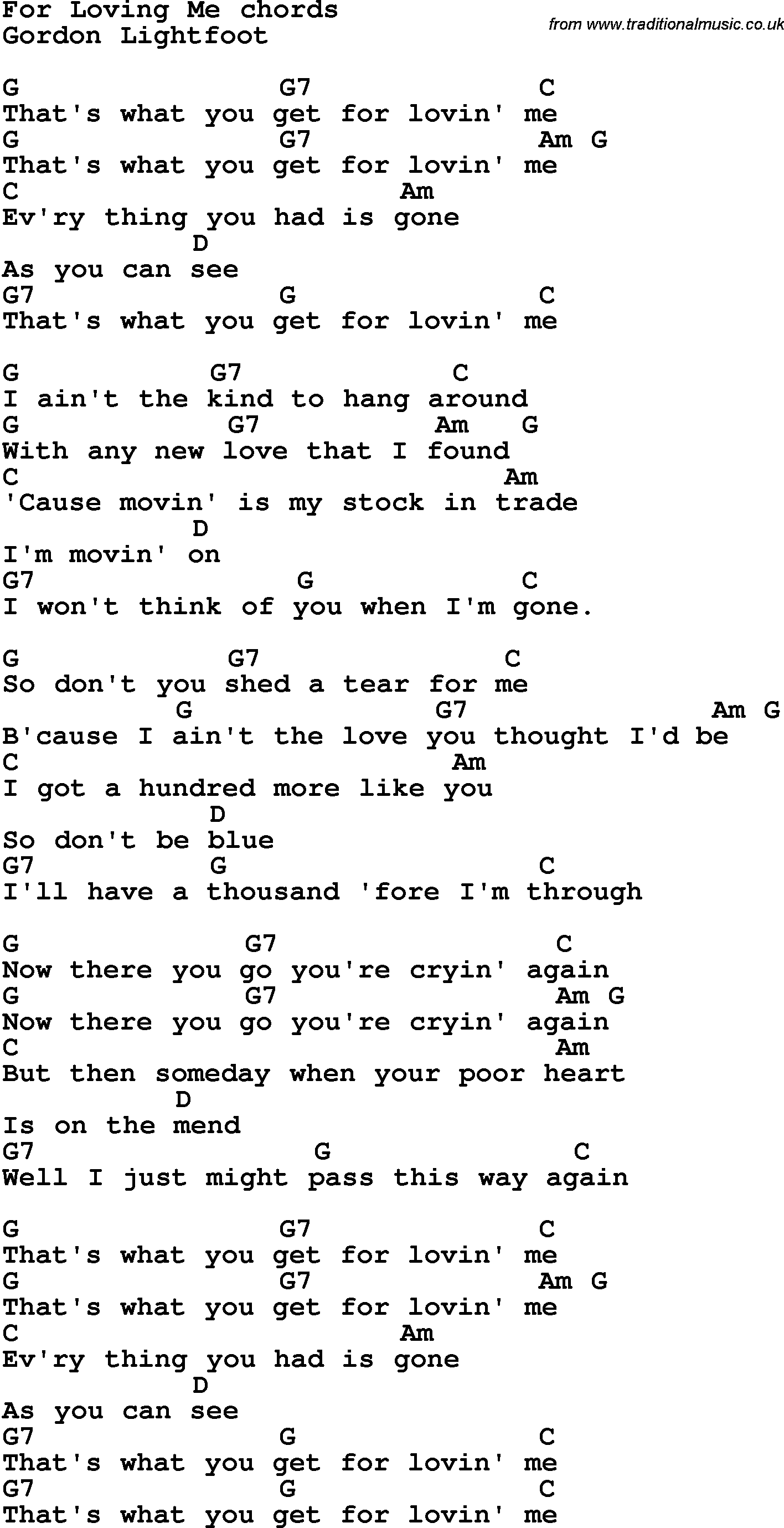 Song Lyrics with guitar chords for For Loving Me