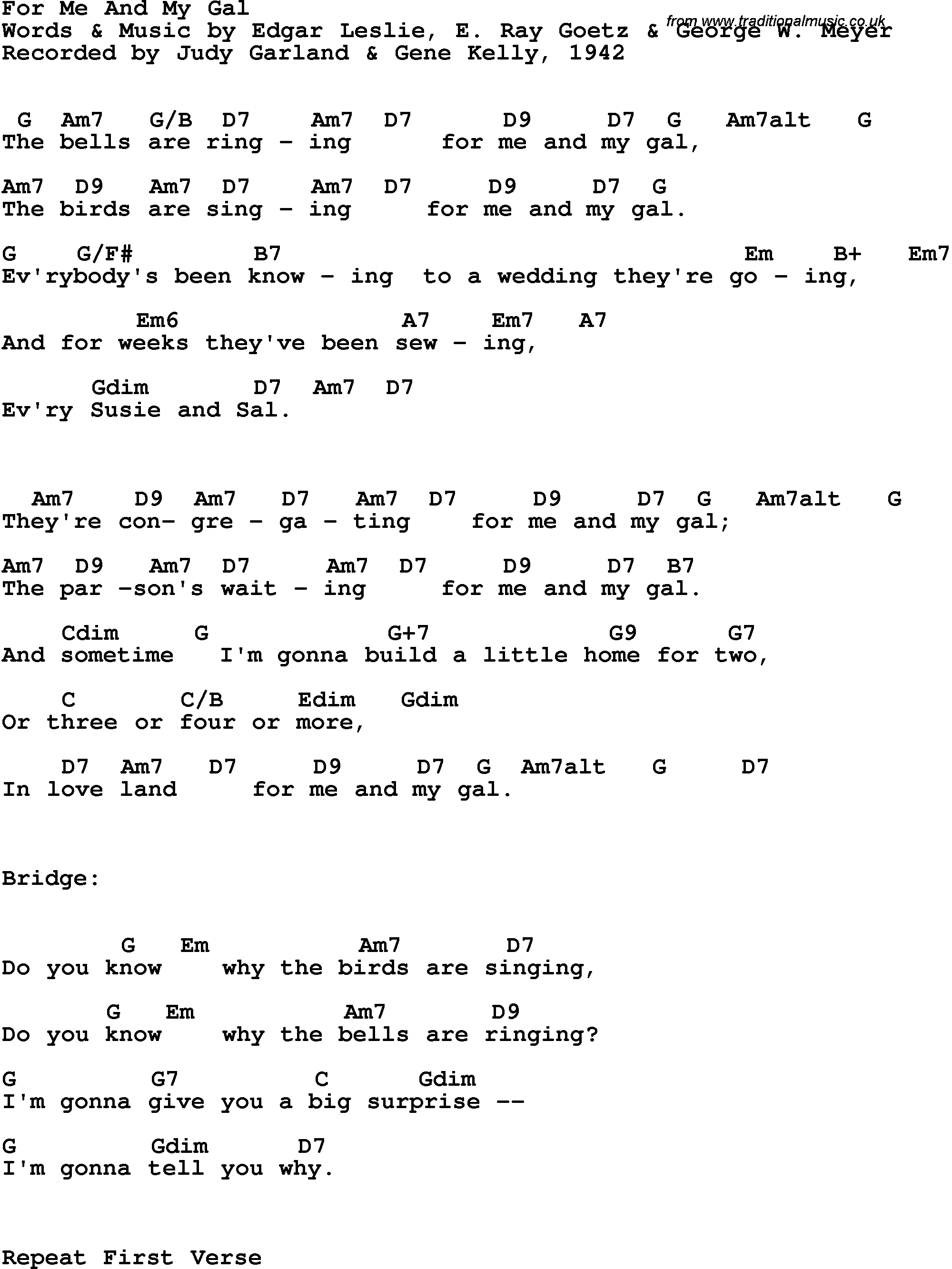 Song Lyrics with guitar chords for For Me And My Gal - Judy Garland & Gene Kelly, 1942
