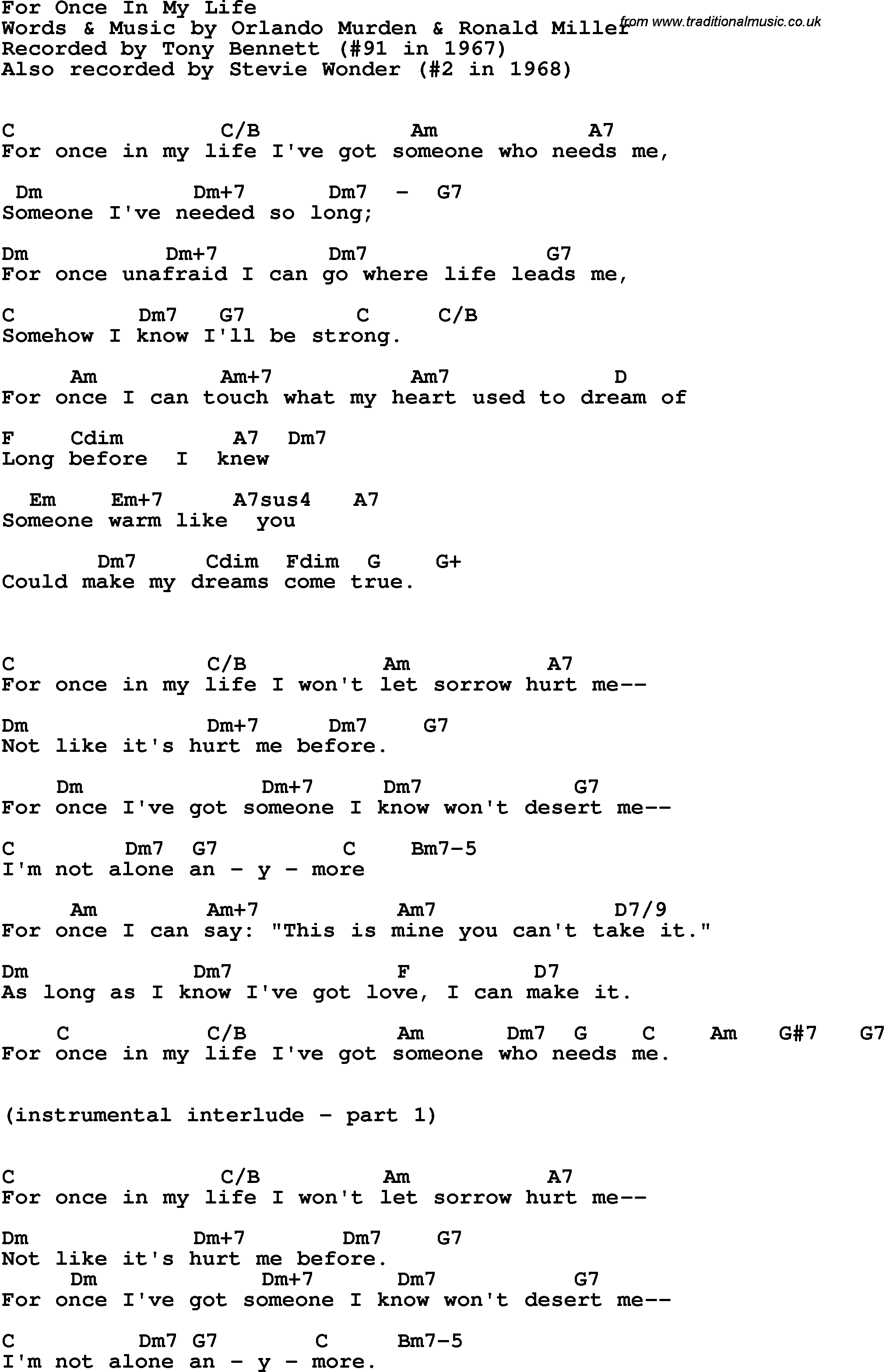 Song Lyrics with guitar chords for For Once In My Life - Tony Bennett, 1967