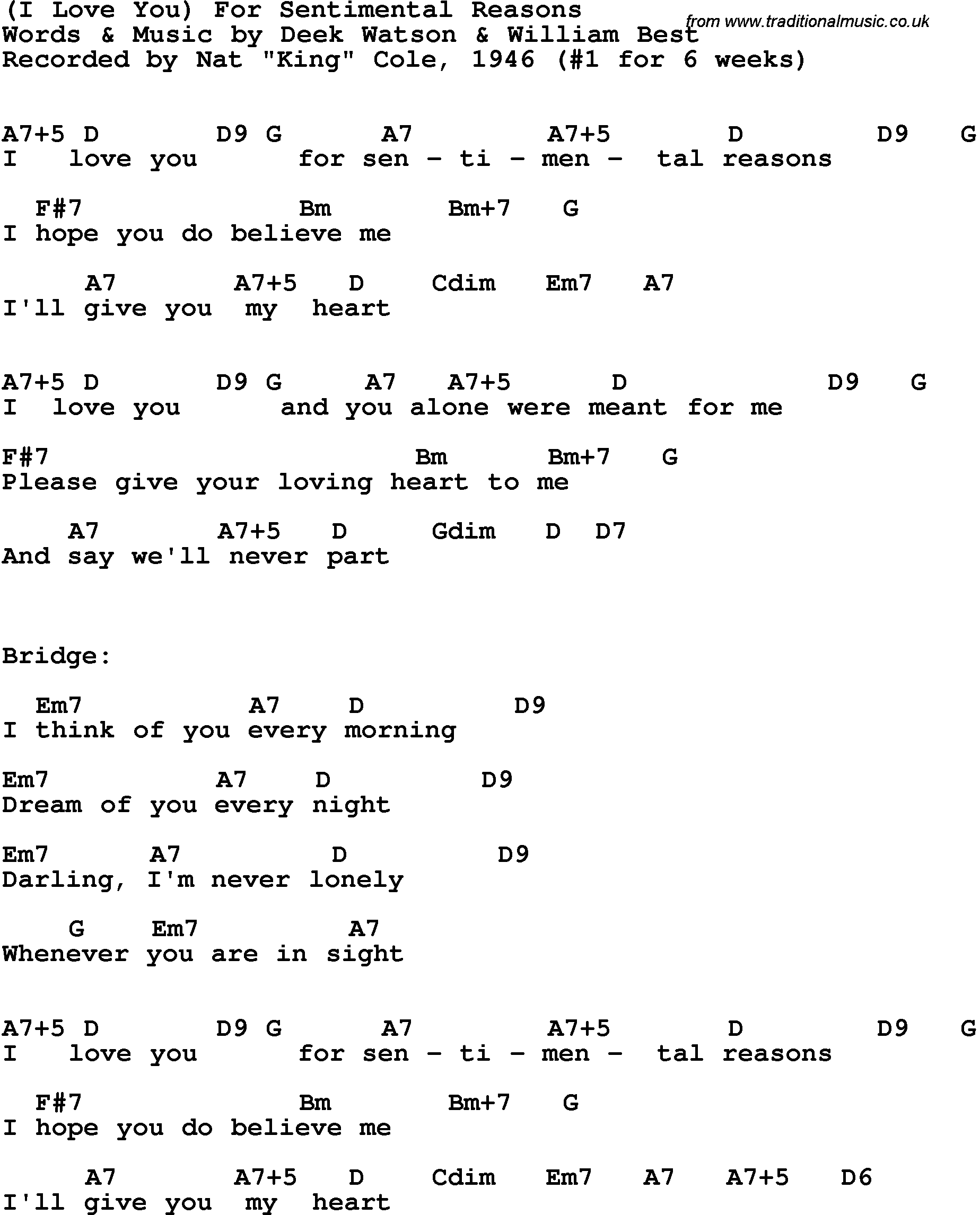 Song Lyrics with guitar chords for For Sentimental Reasons - Nat King Cole, 1946