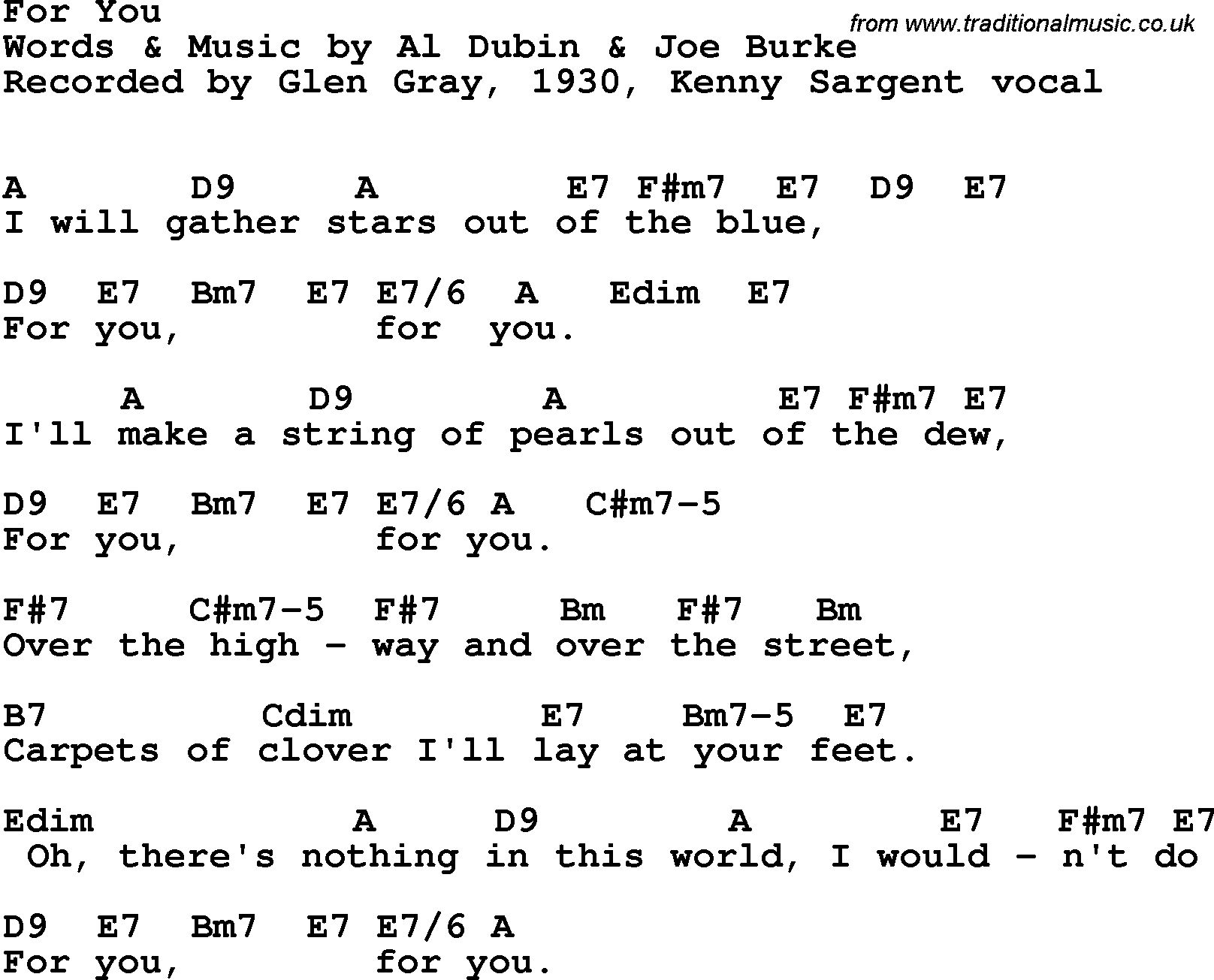 Song Lyrics with guitar chords for For You - Glen Gray, 1930