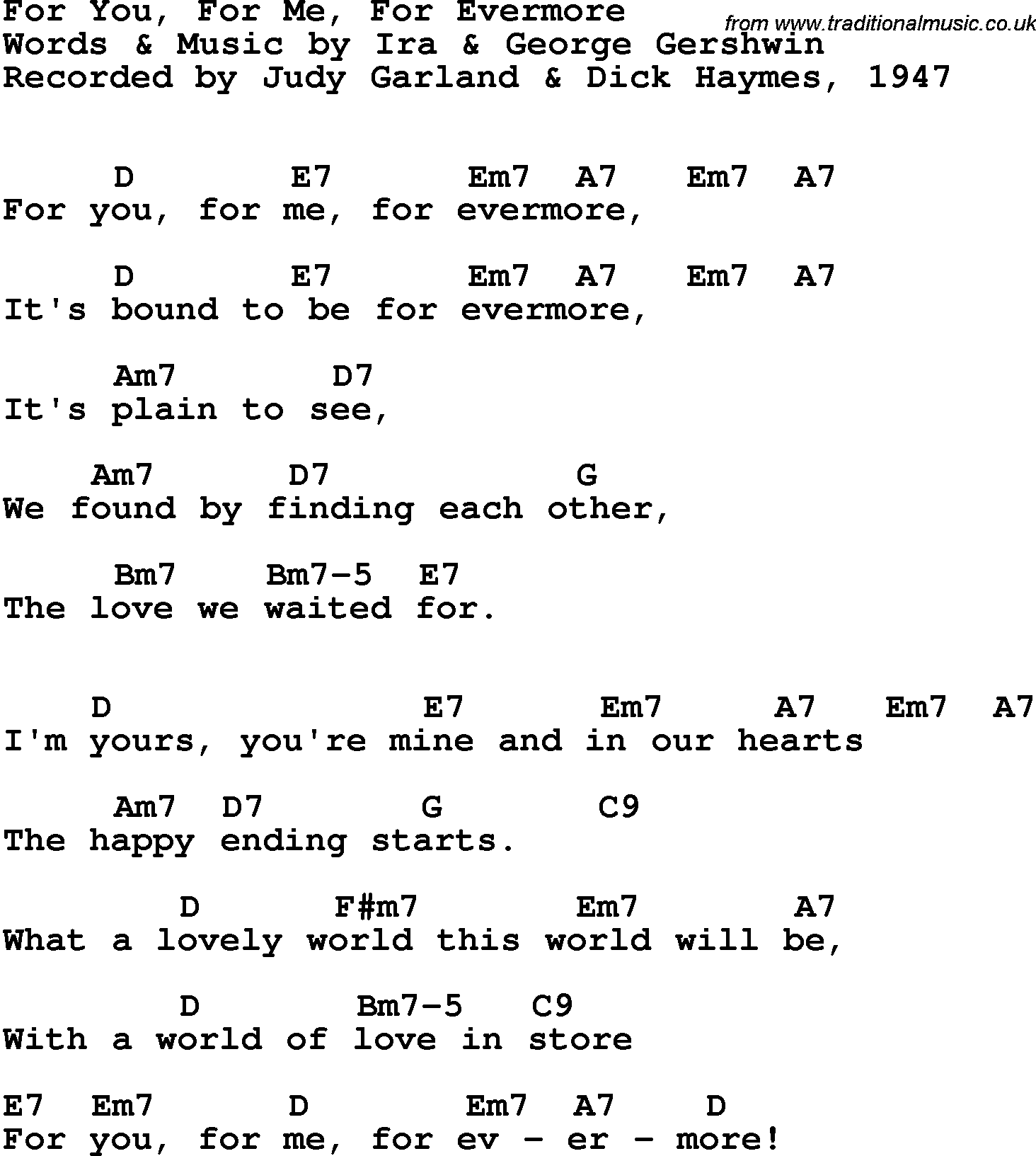 Song Lyrics with guitar chords for For You, For Me, For Evermore - Judy Garland & Dick Haymes, 1947