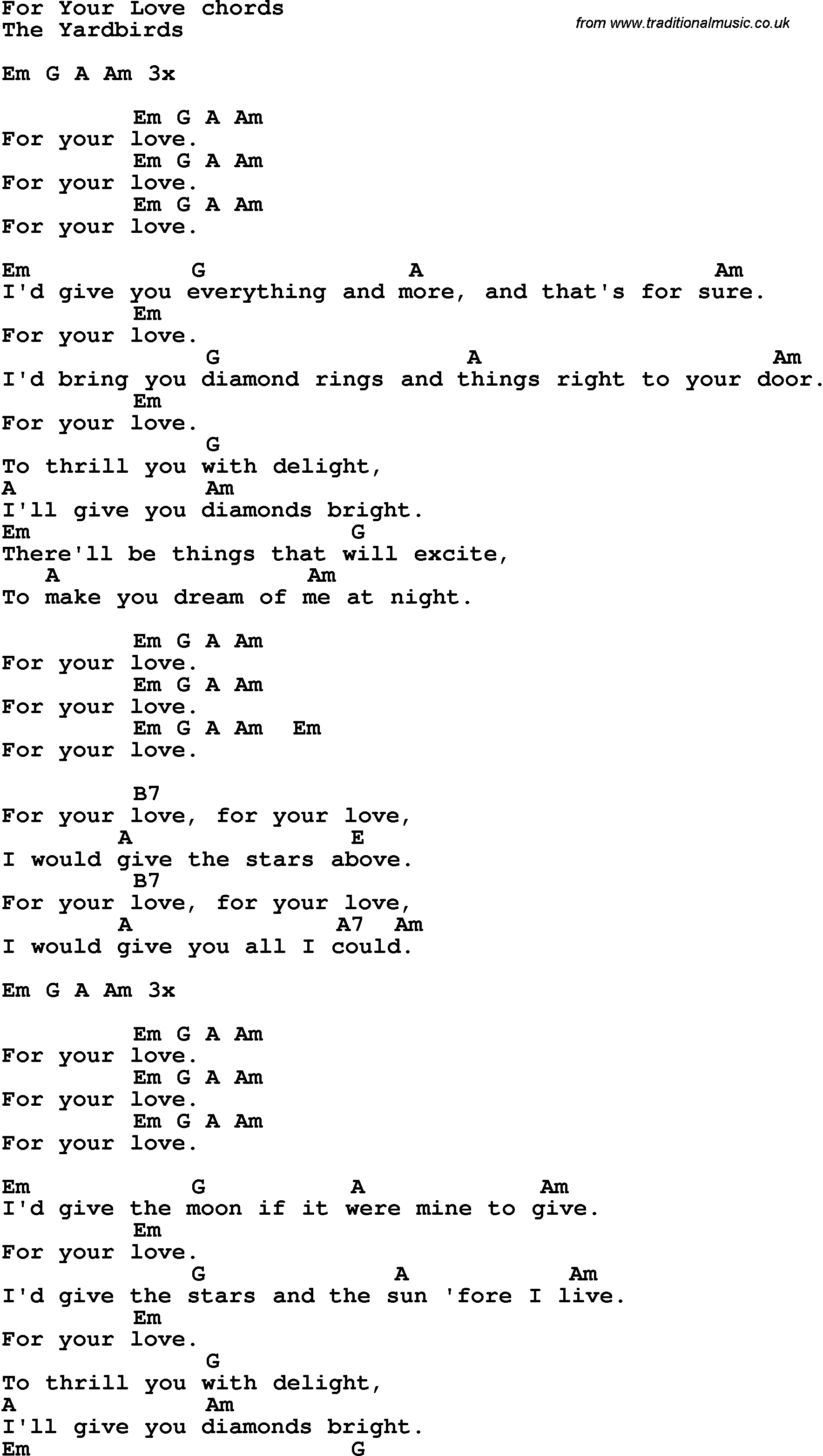 Song Lyrics with guitar chords for For Your Love