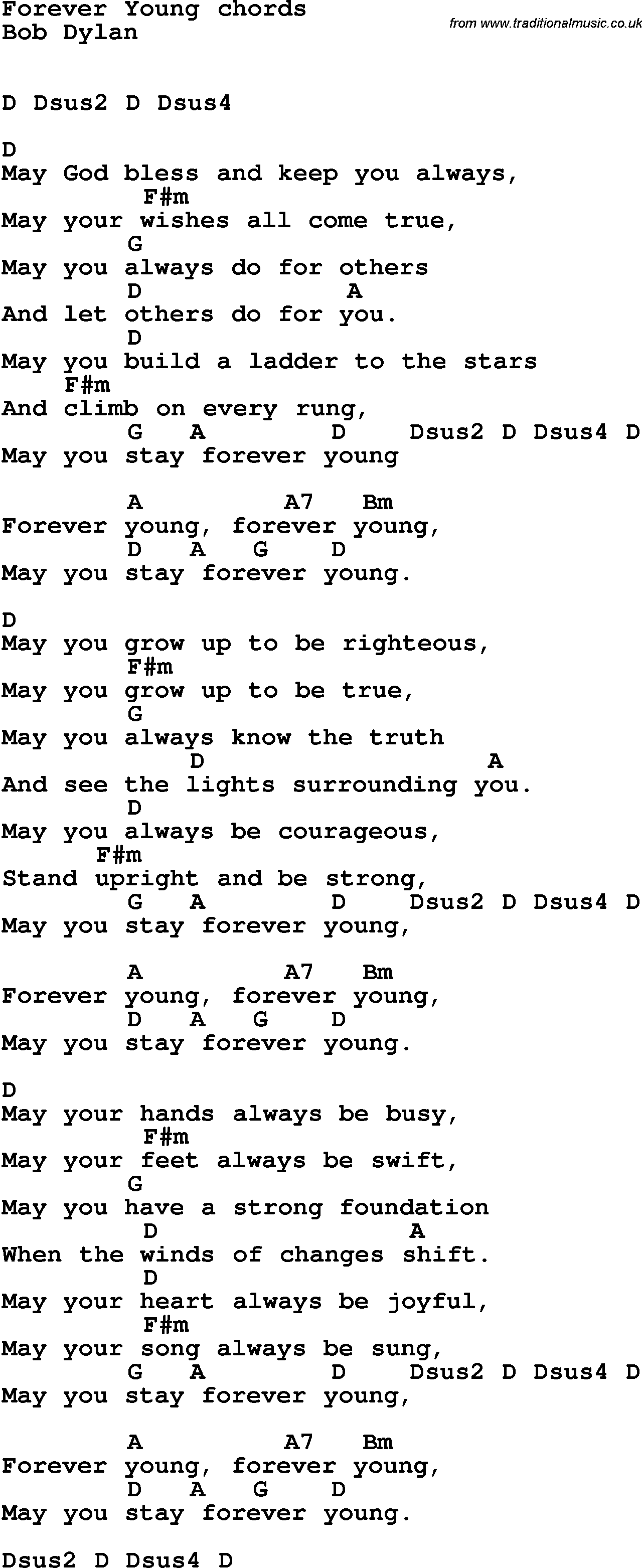 Song Lyrics with guitar chords for Forever Young