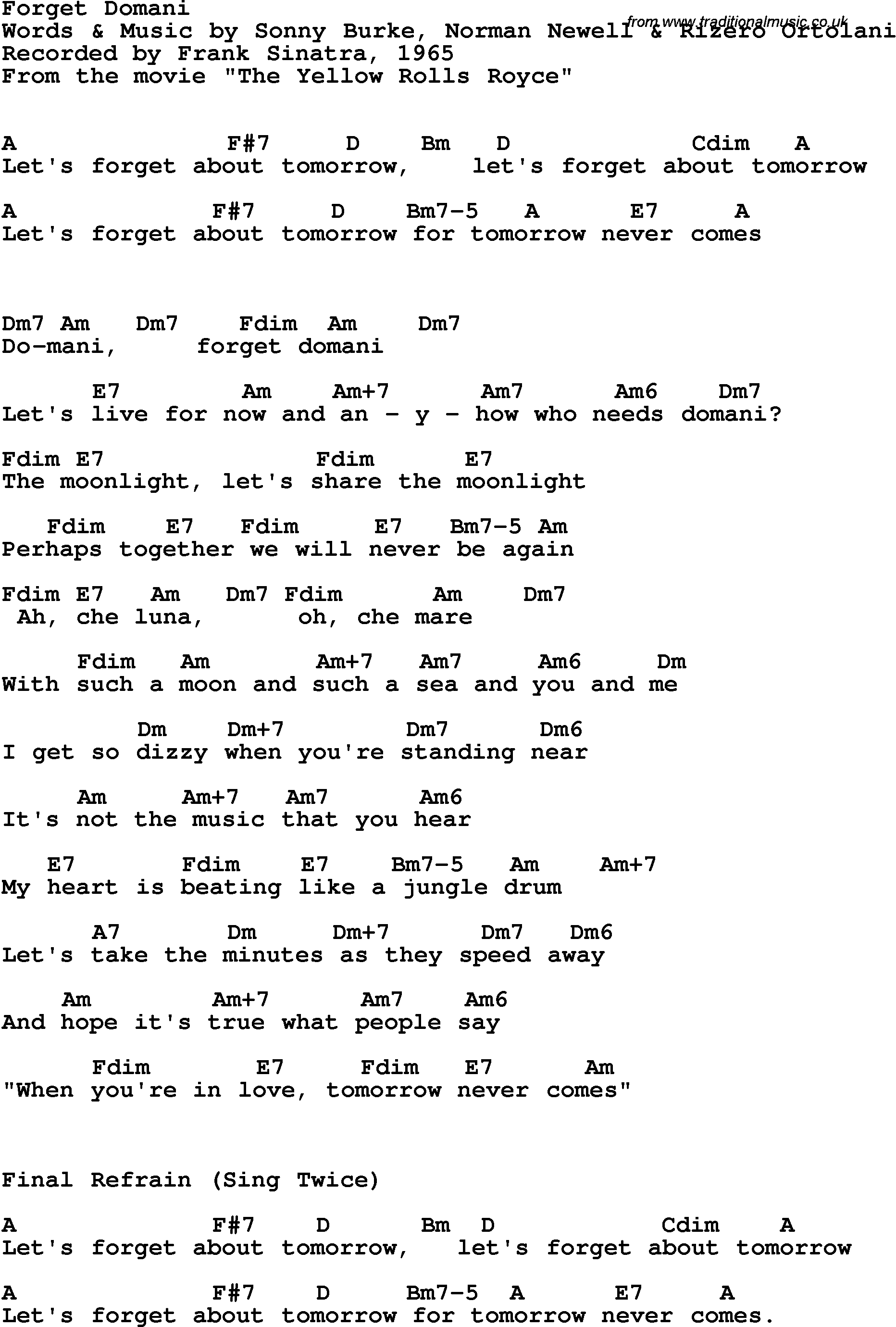 Song Lyrics with guitar chords for Forget Domani- Frank Sinatra 1965