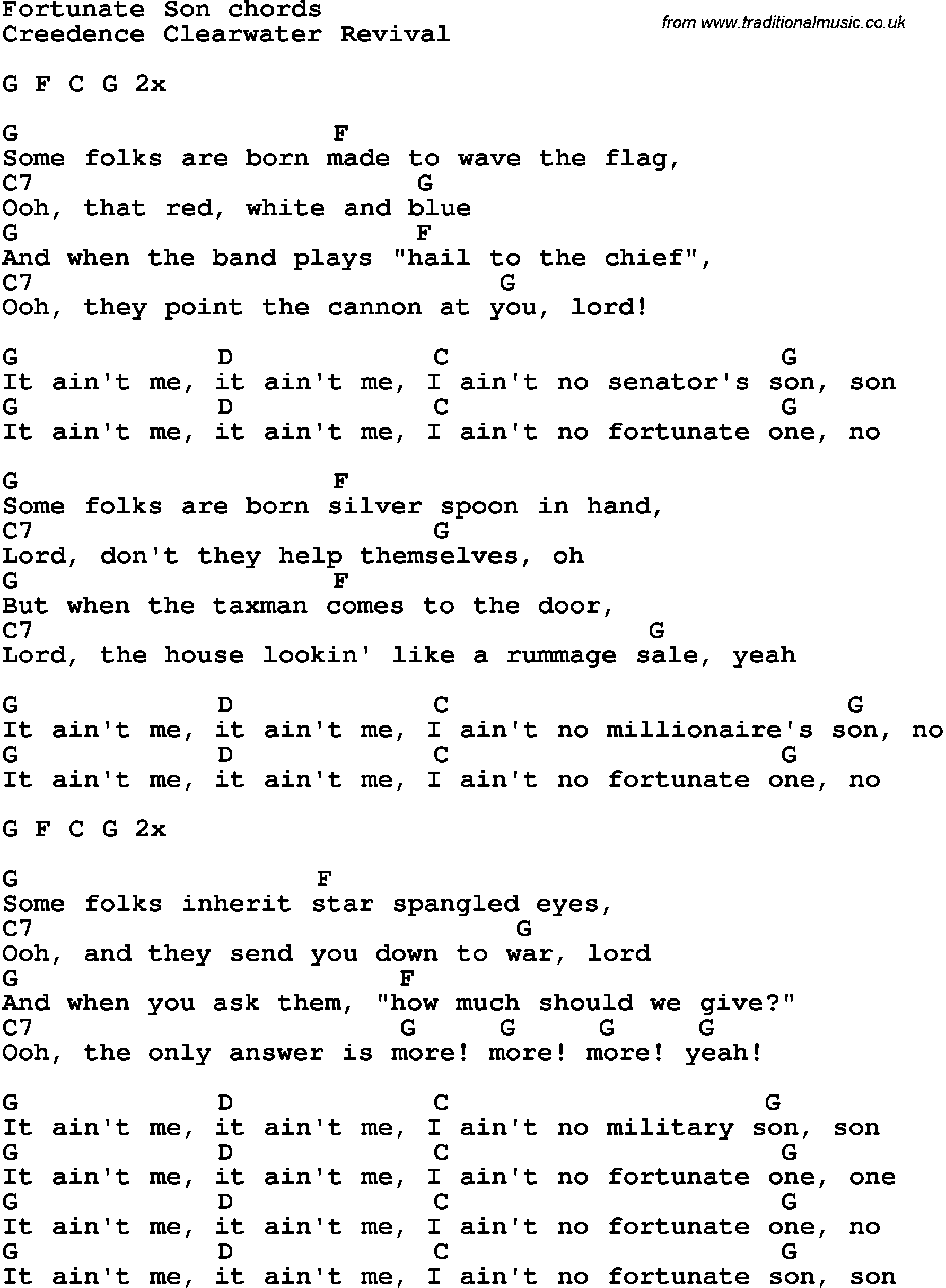 Song Lyrics with guitar chords for Fortunate Son