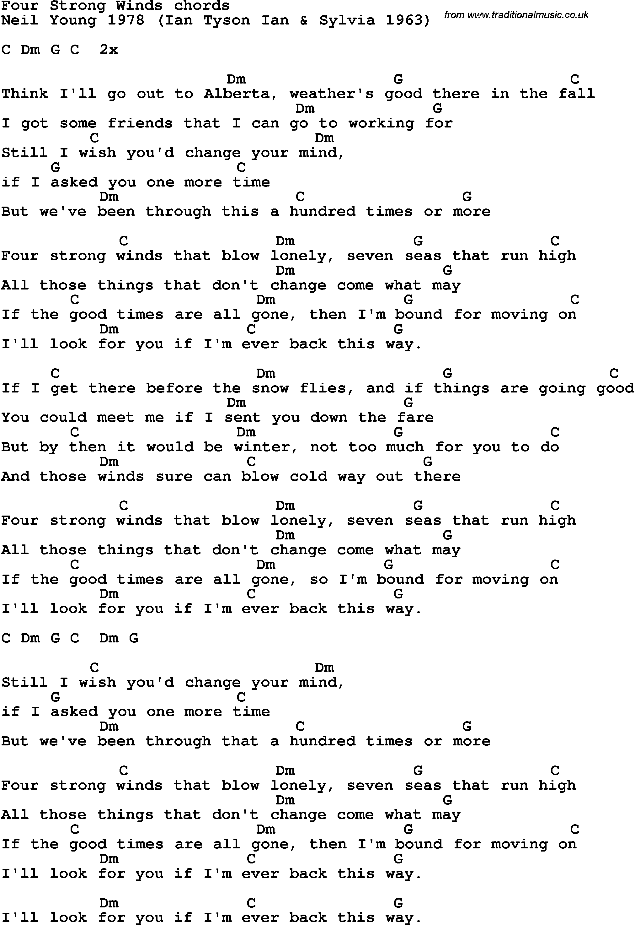 Song Lyrics with guitar chords for Four Strong Winds