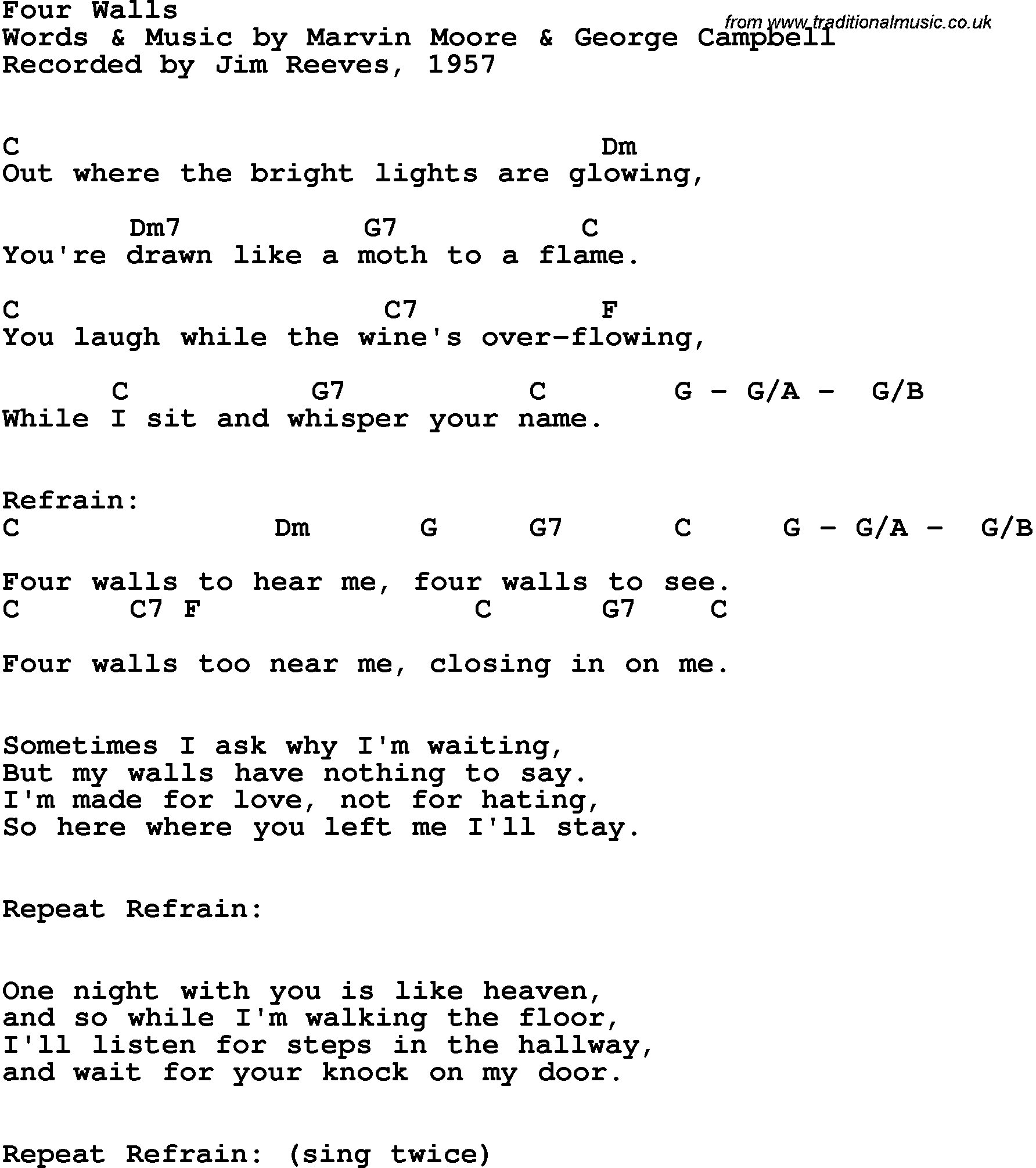 Song Lyrics with guitar chords for Four Walls - Jim Reeves, 1957