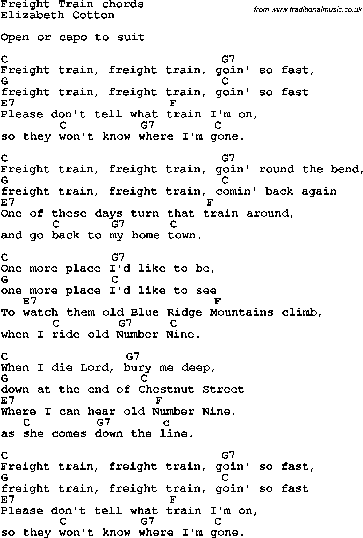 Song Lyrics with guitar chords for Freight Train