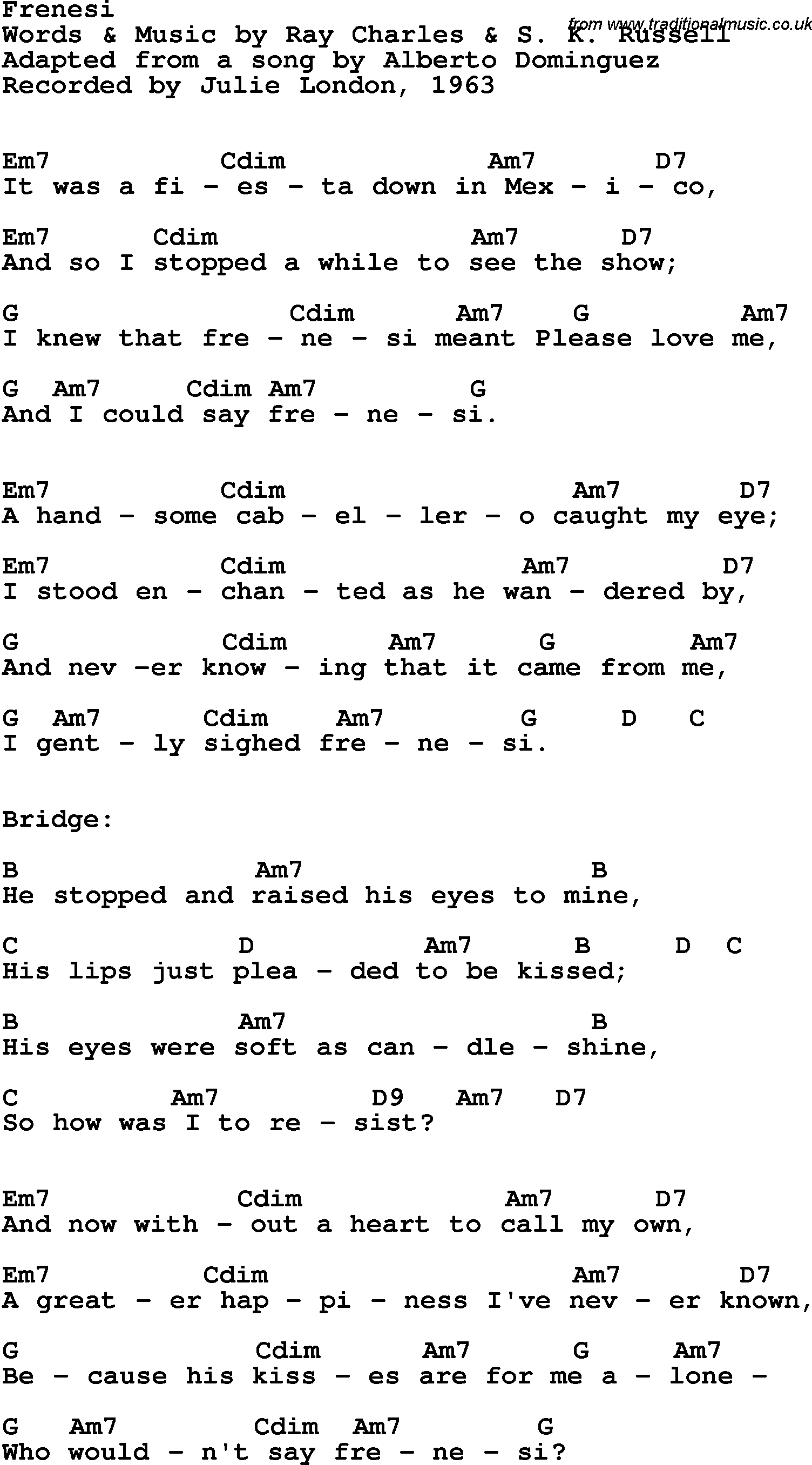 Song Lyrics with guitar chords for Frenesi - Julie London, 1963