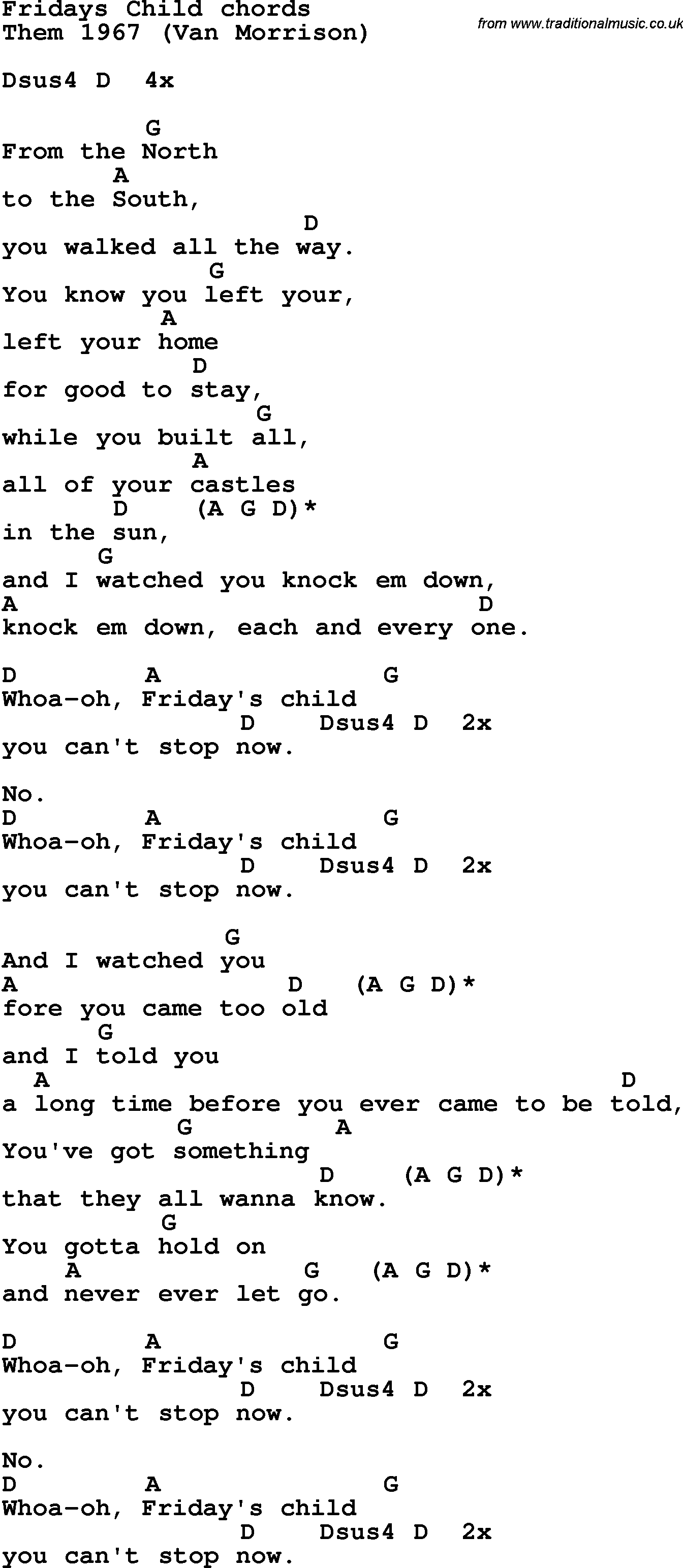 Song Lyrics with guitar chords for Fridays Child