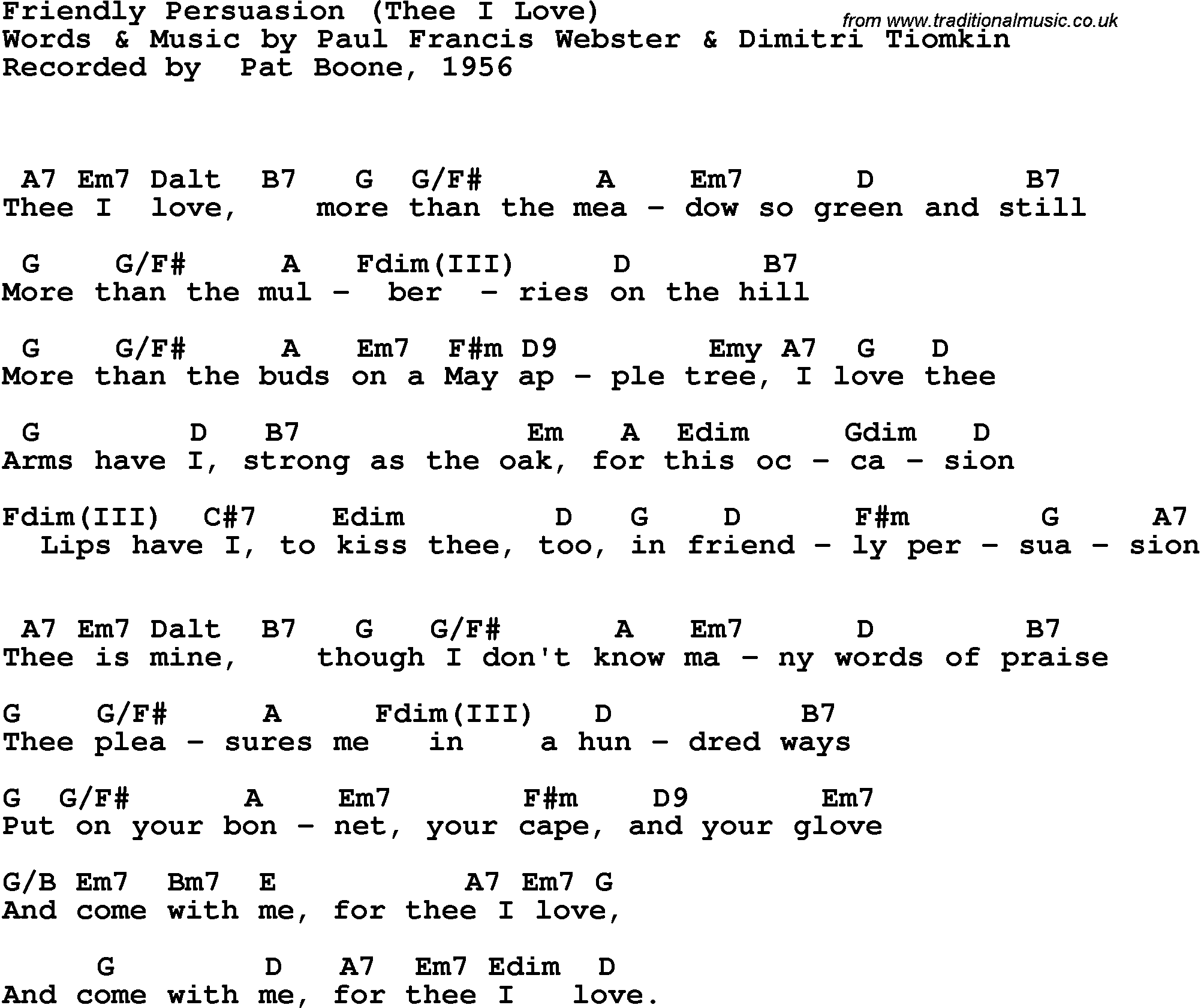 Song Lyrics with guitar chords for Friendly Persuasaion - Pat Boone, 1956
