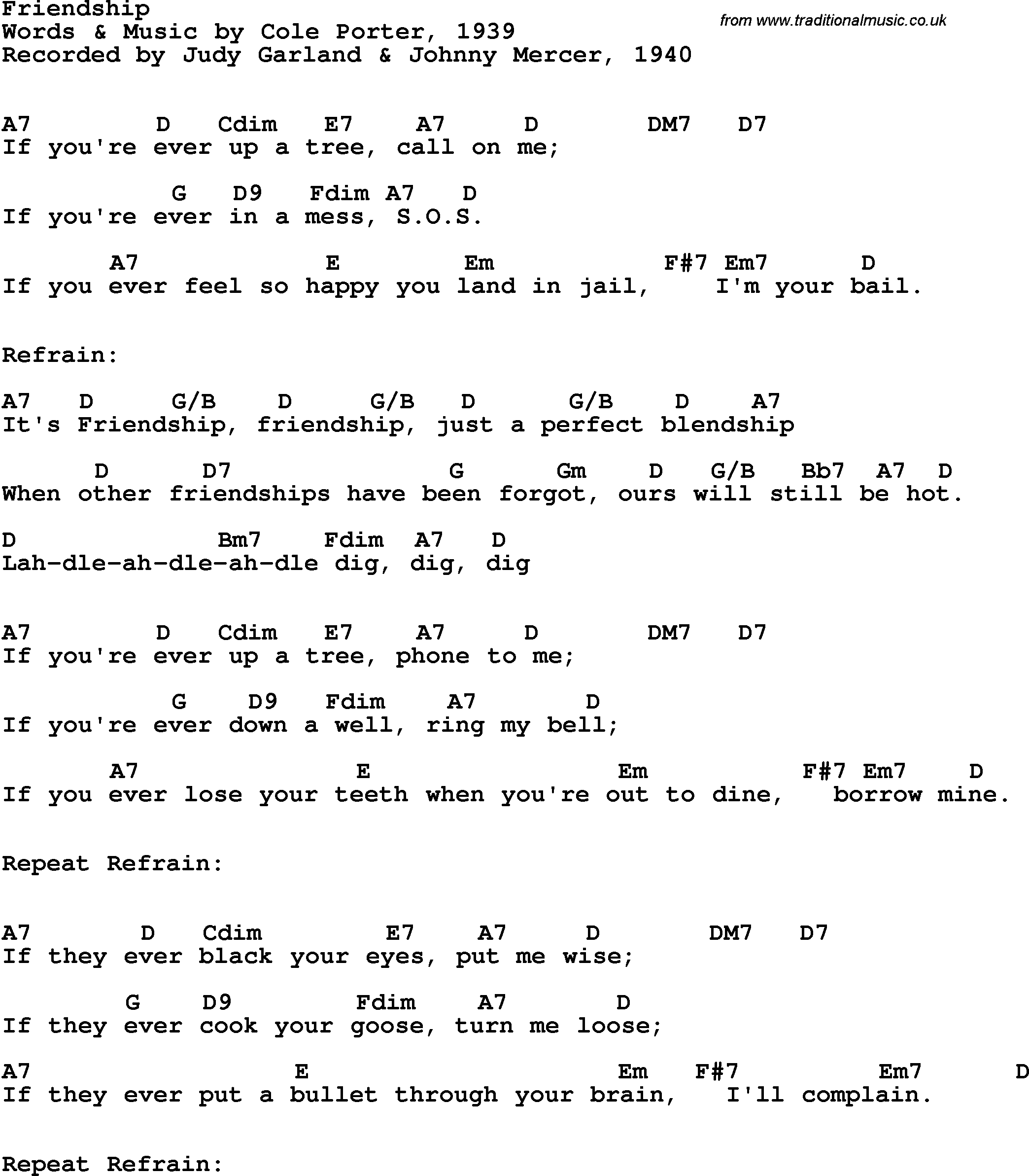 Song Lyrics with guitar chords for Friendship - Judy Garland & Johnny Mercer, 1940