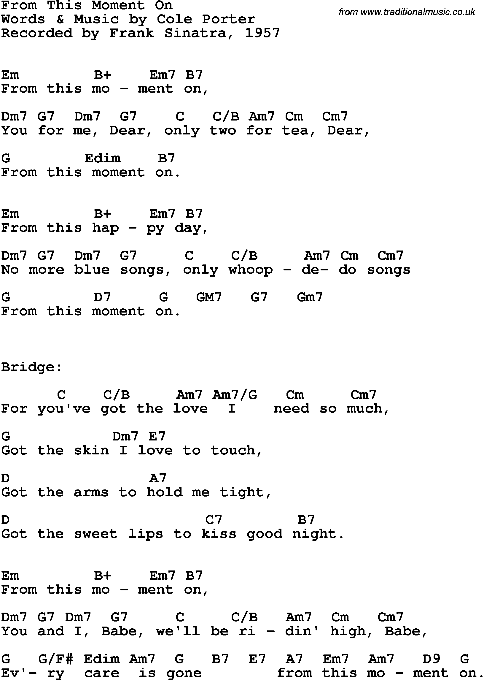 Song Lyrics with guitar chords for From This Moment On - Frank Sinatra, 1957
