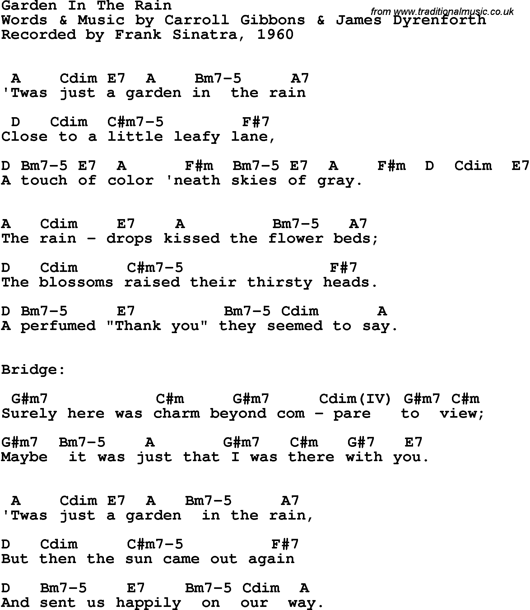 Song Lyrics with guitar chords for Garden In The Rain - Frank Sinatra, 1960