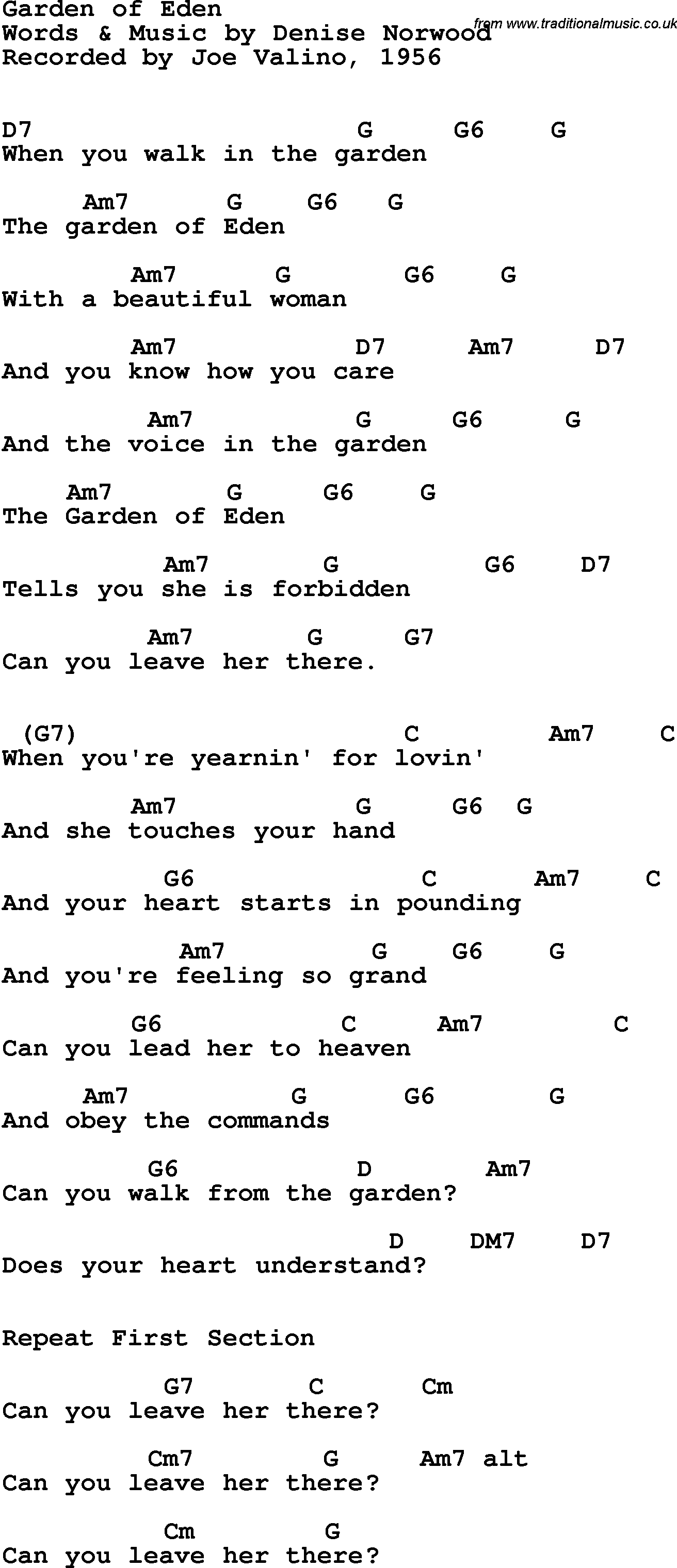 Song Lyrics with guitar chords for Garden Of Eden - Joe Valino, 1956