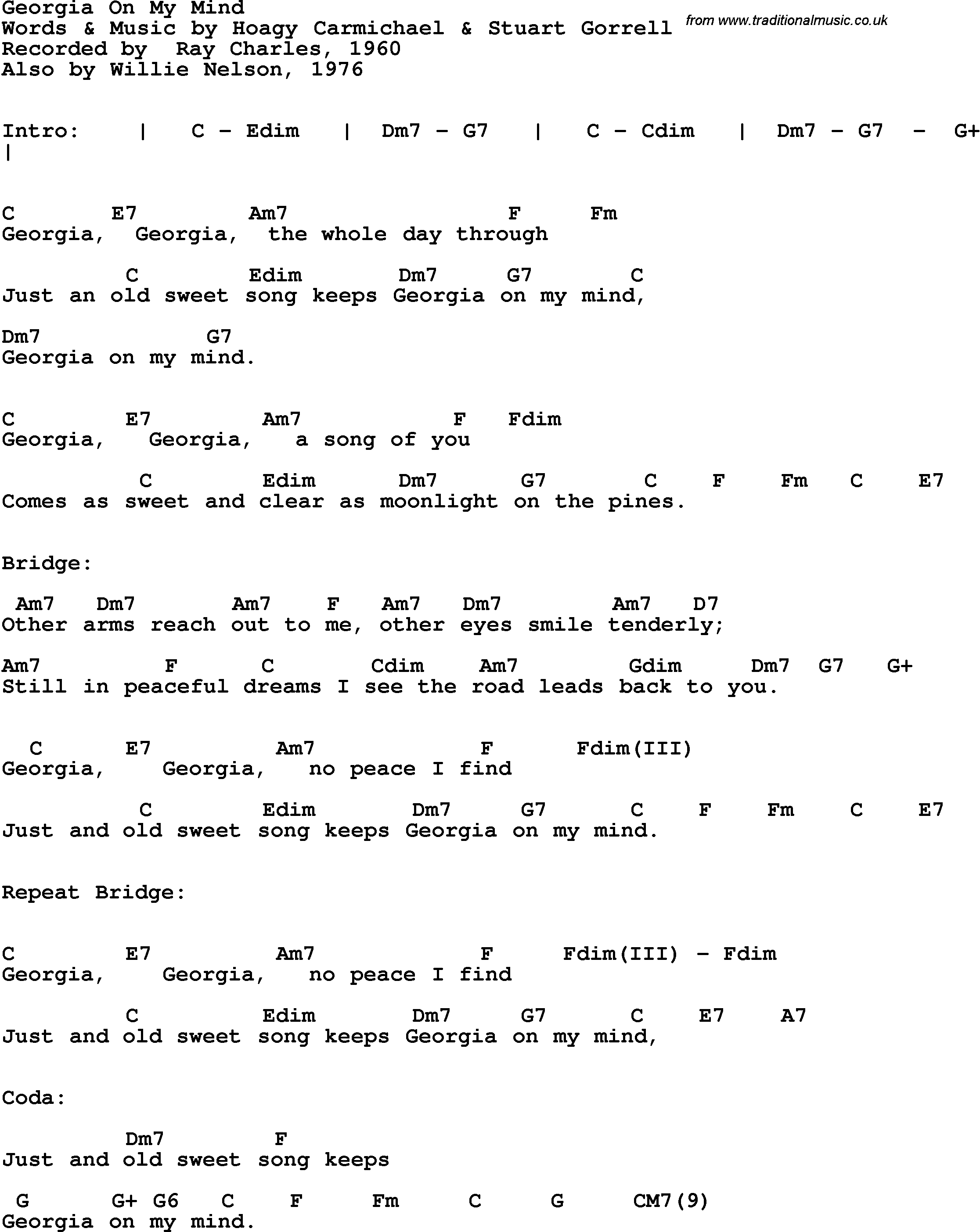 Song Lyrics with guitar chords for Georgia On My Mind - Ray Charles, 1960