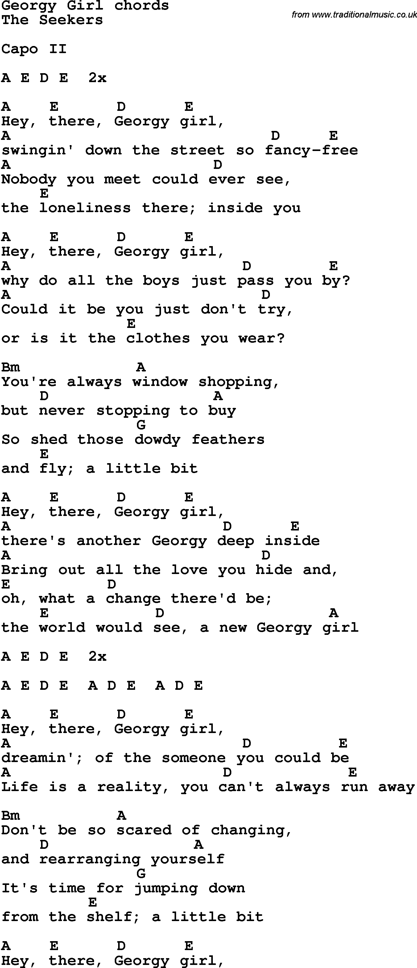 Song Lyrics with guitar chords for Georgy Girl