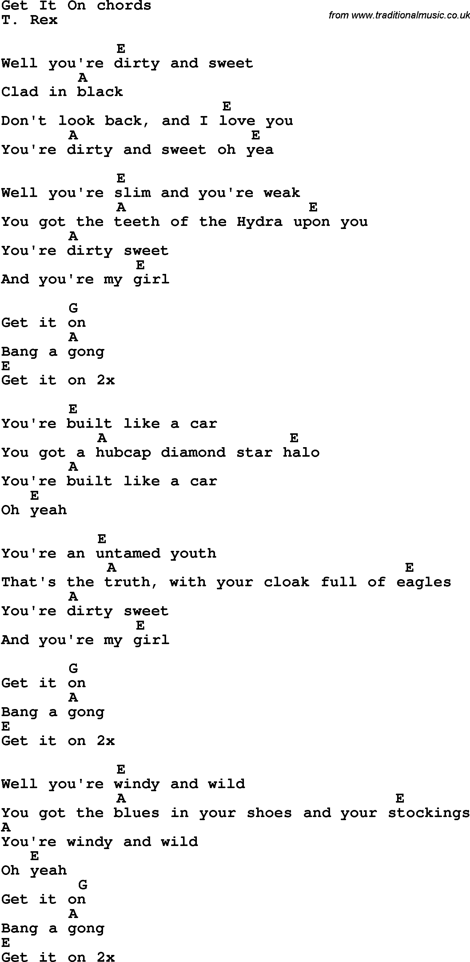 Song Lyrics with guitar chords for Get It On