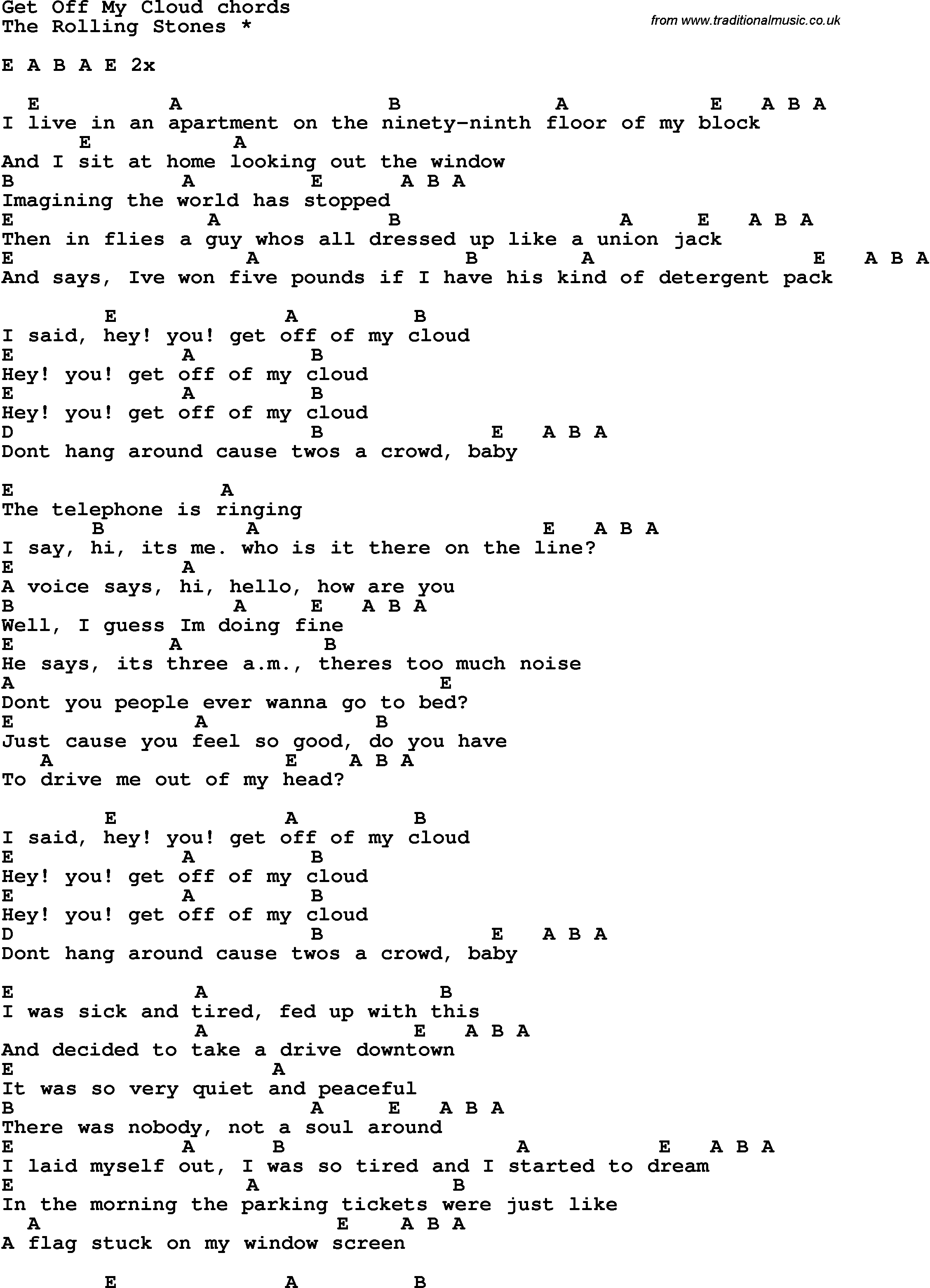 Song Lyrics with guitar chords for Get Off My Cloud