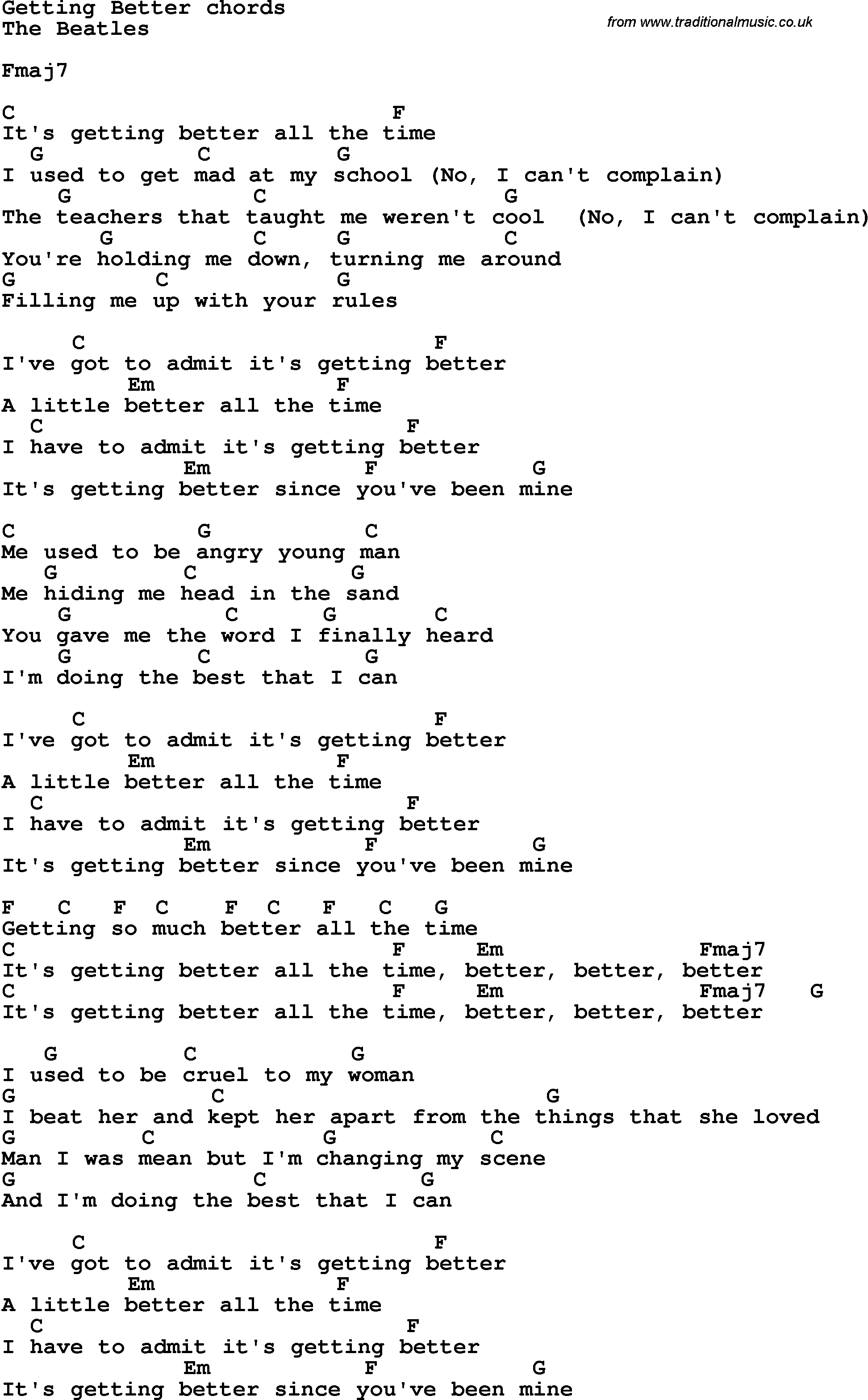 Song Lyrics with guitar chords for Getting Better - The Beatles