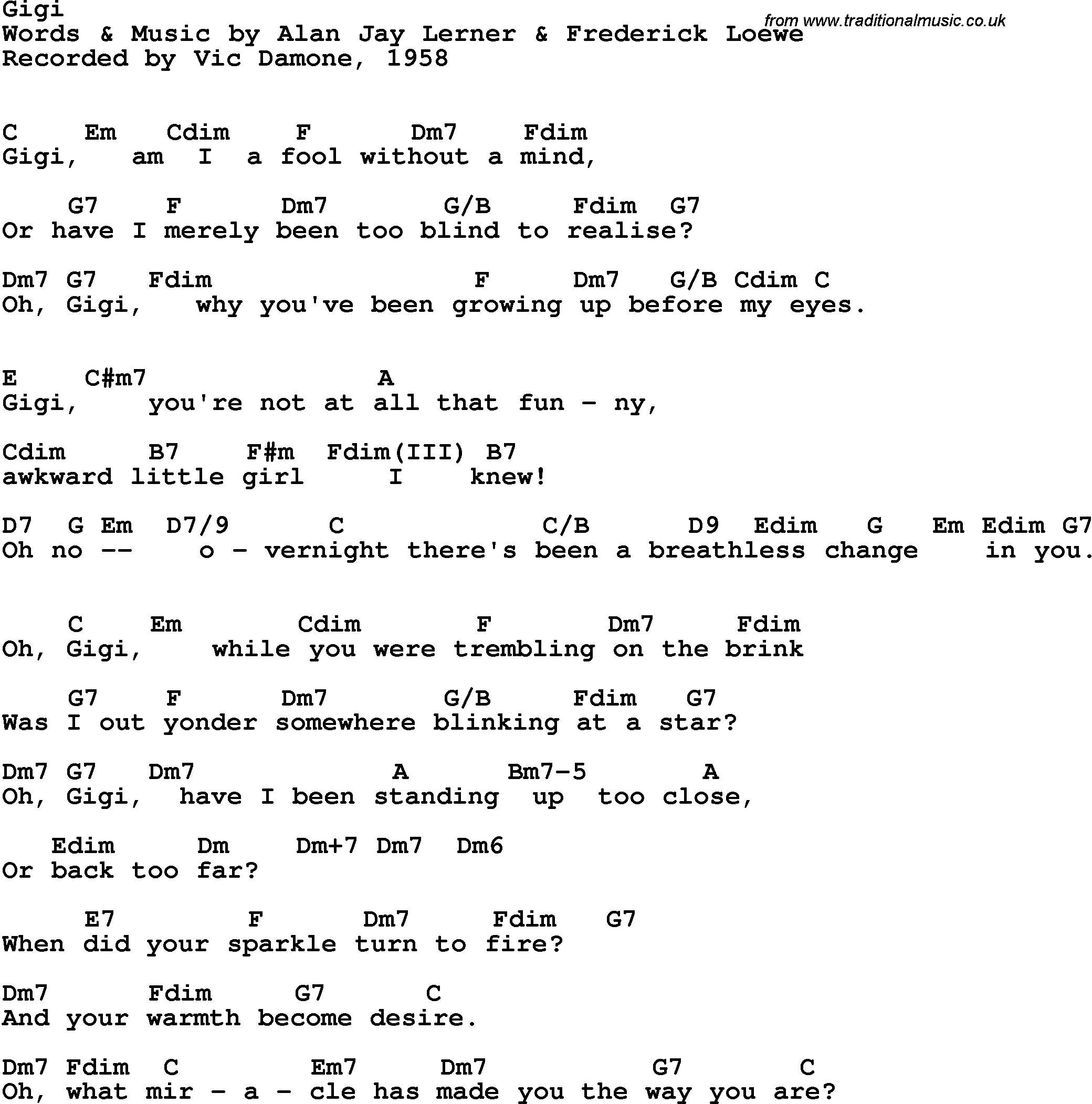 Song Lyrics with guitar chords for Gigi - Vic Damone, 1958