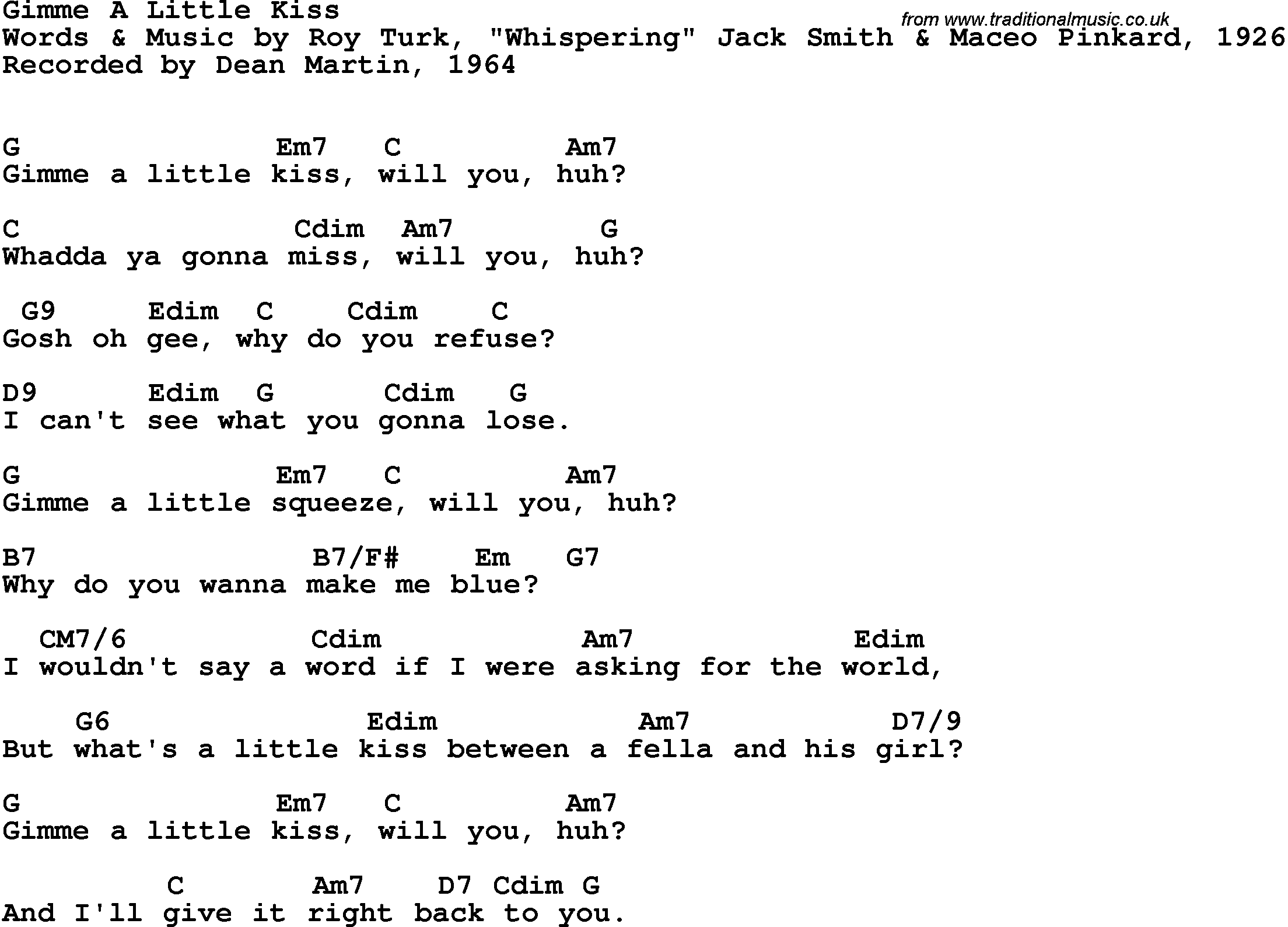 Song Lyrics with guitar chords for Gimme A Little Kiss - Dean Martin, 1964