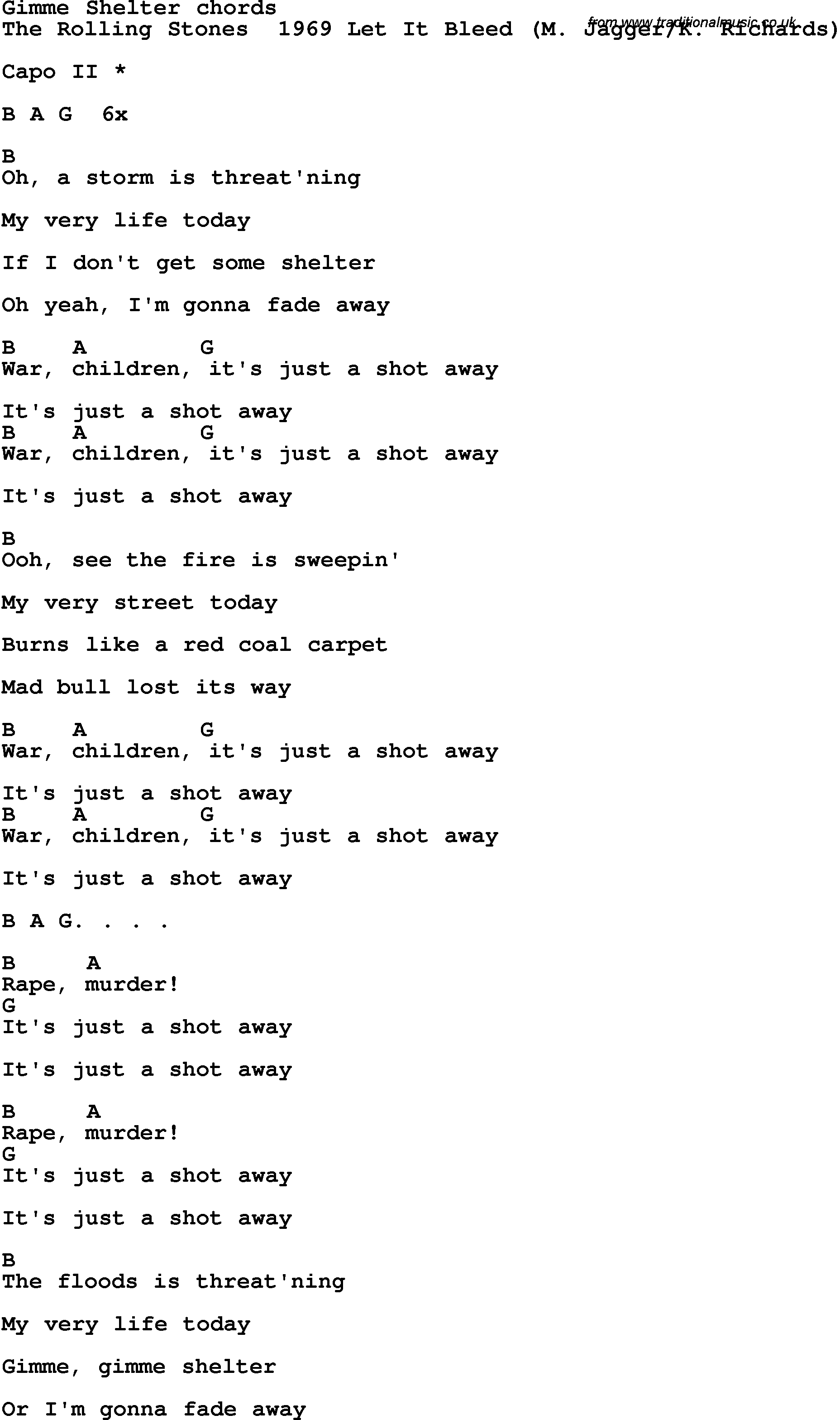 Song Lyrics with guitar chords for Gimme Shelter