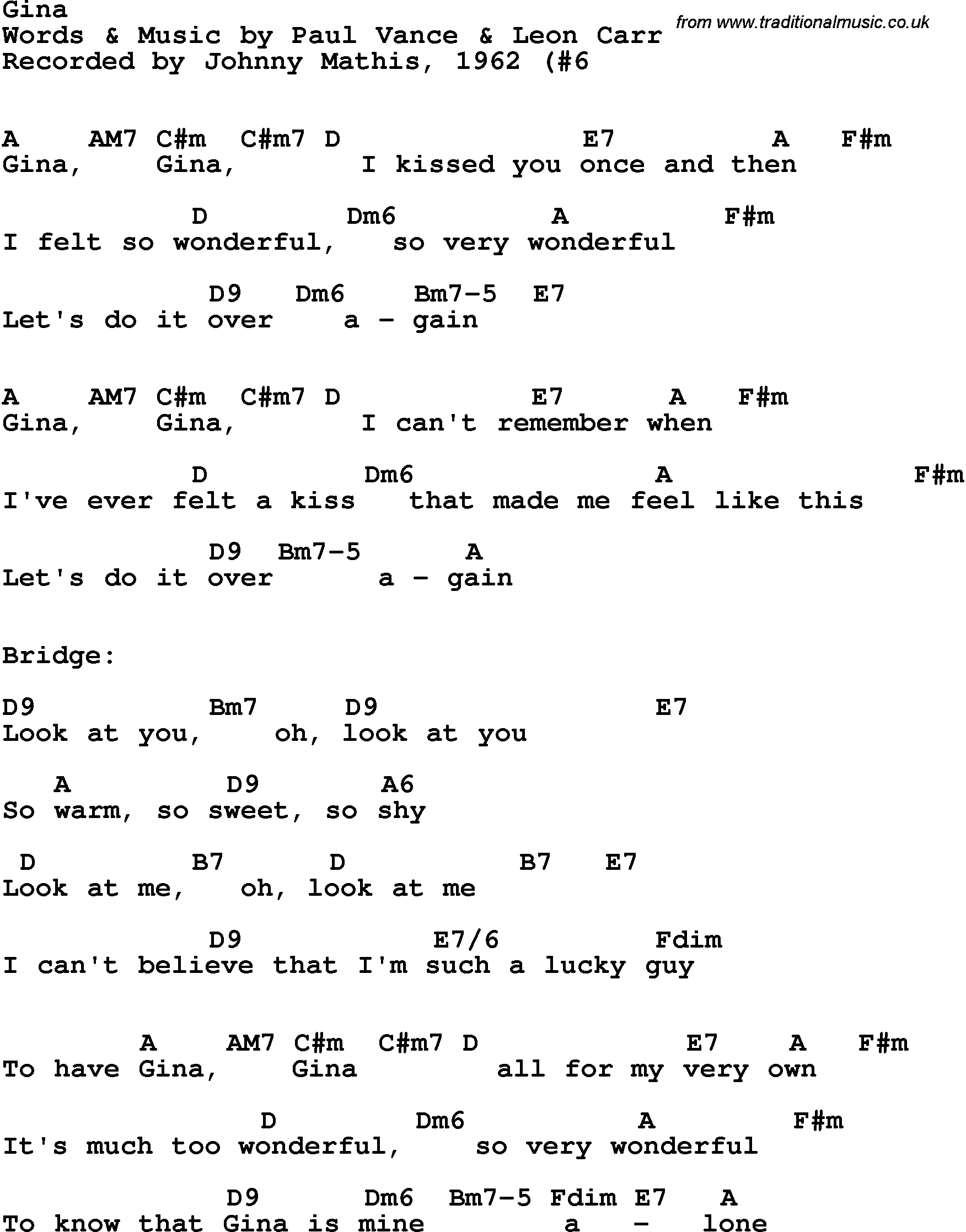 Song Lyrics with guitar chords for Gina - Johnny Mathis, 1962