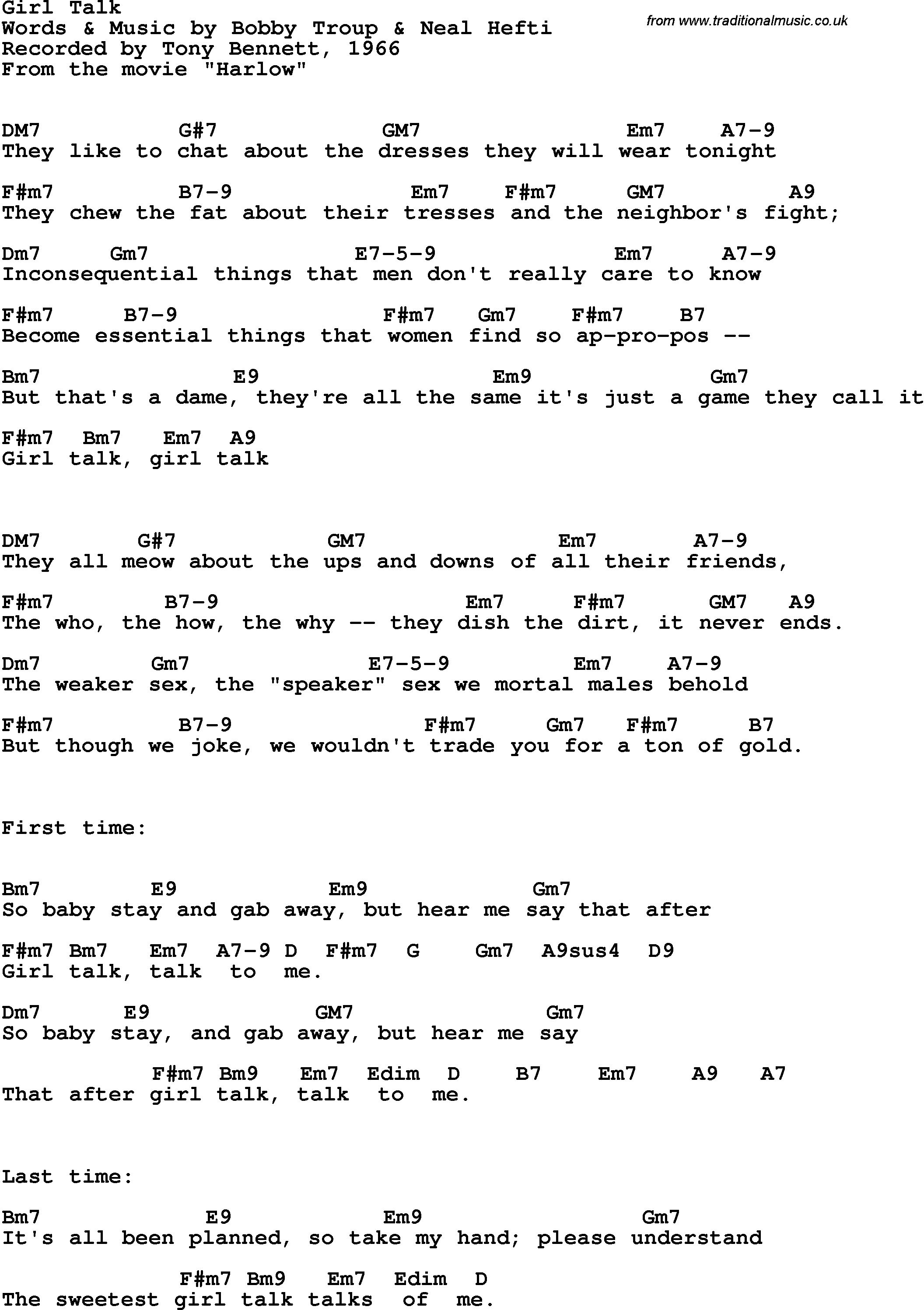 Song Lyrics with guitar chords for Girl Talk - Tony Bennett, 1966