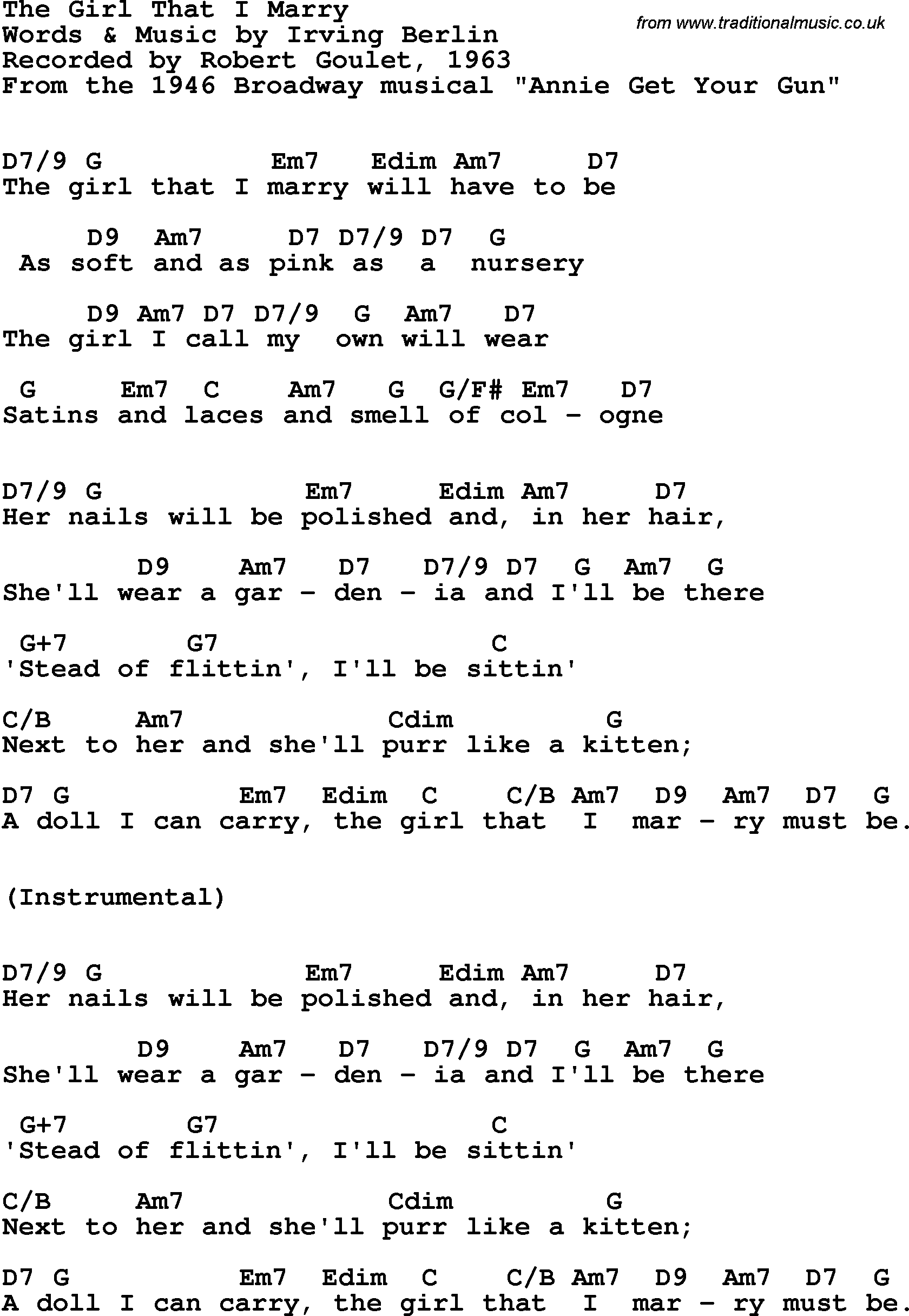 Song Lyrics with guitar chords for Girl That I Marry, The - Robert Goulet, 1963