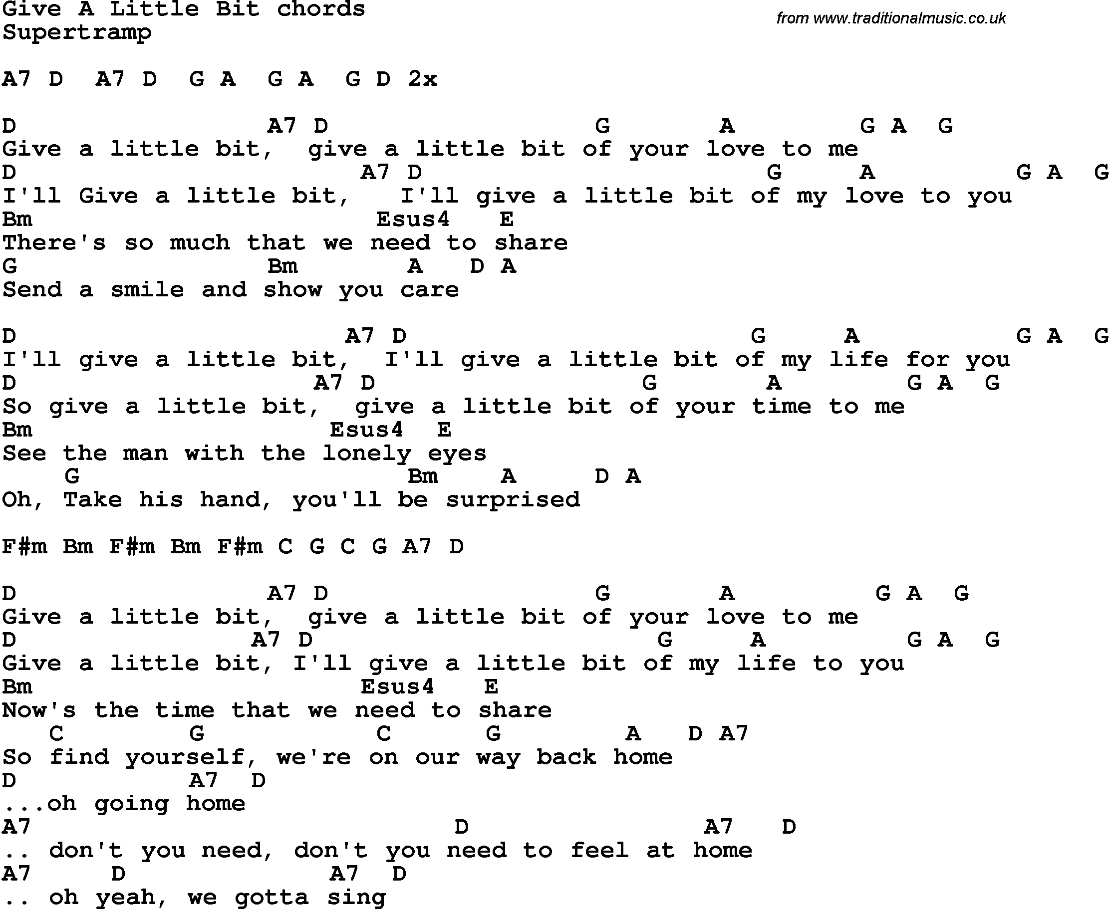 Song Lyrics with guitar chords for Give A Little Bit
