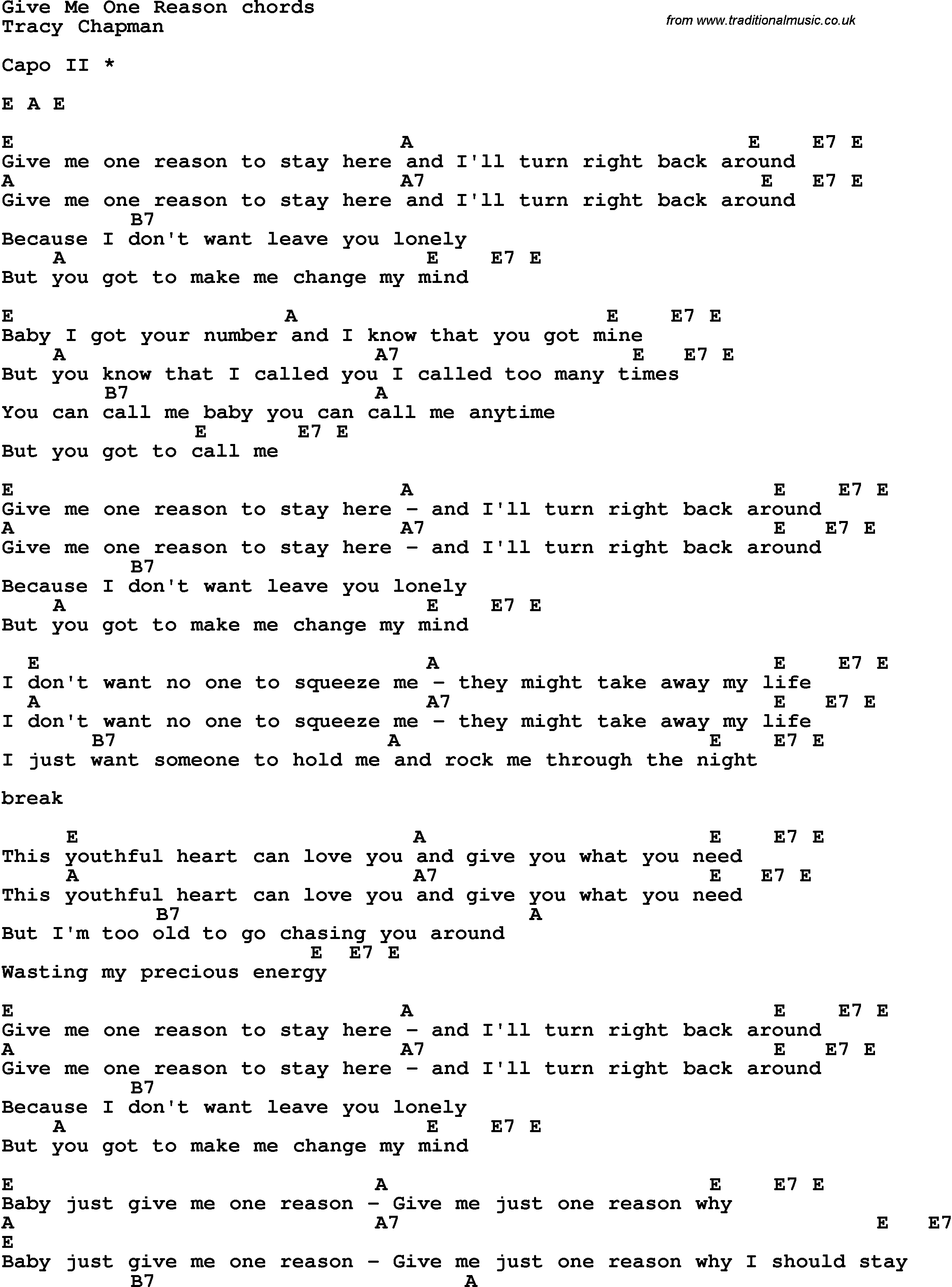 Song Lyrics with guitar chords for Give Me One Reason