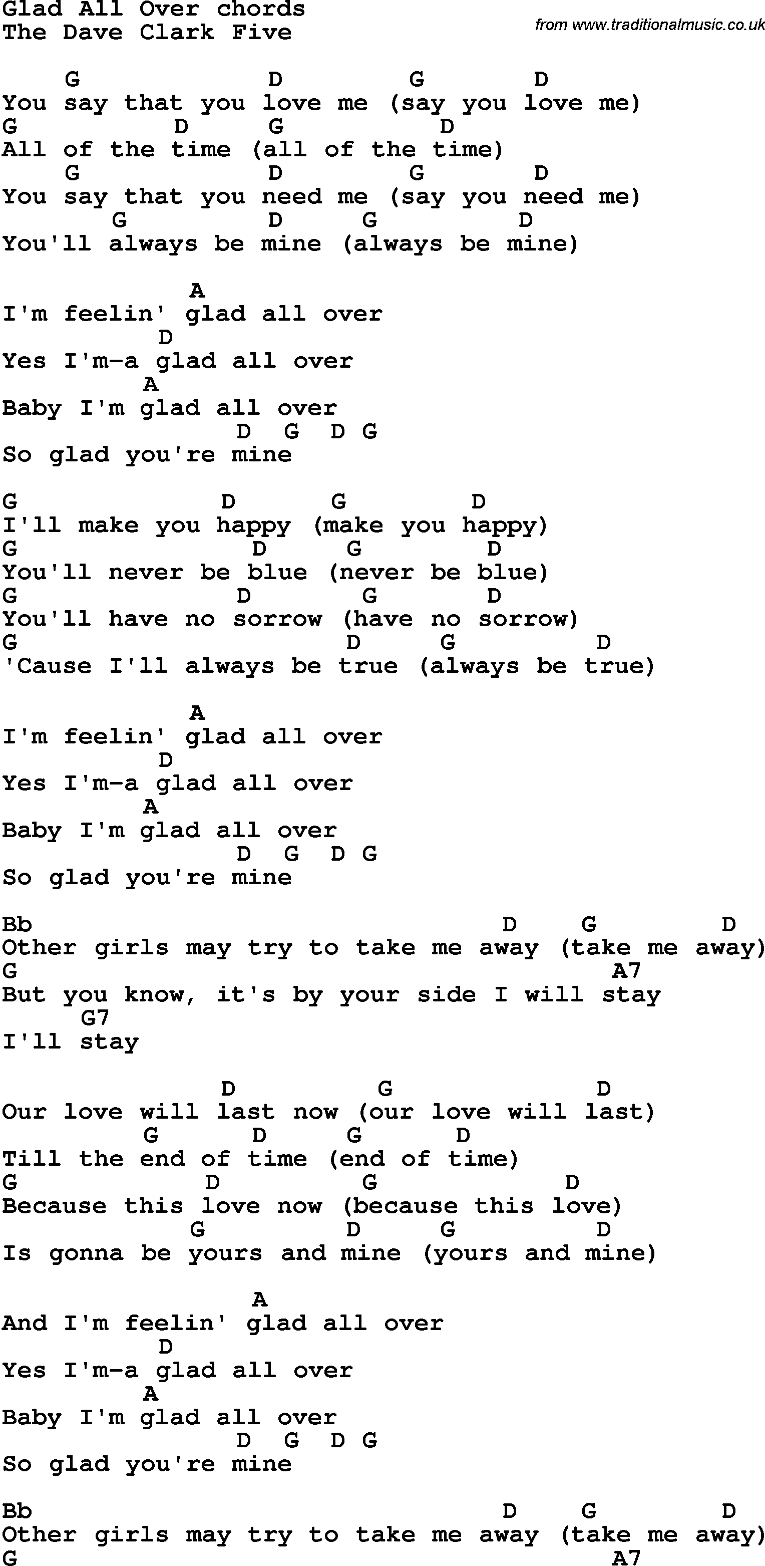 Song Lyrics with guitar chords for Glad All Over
