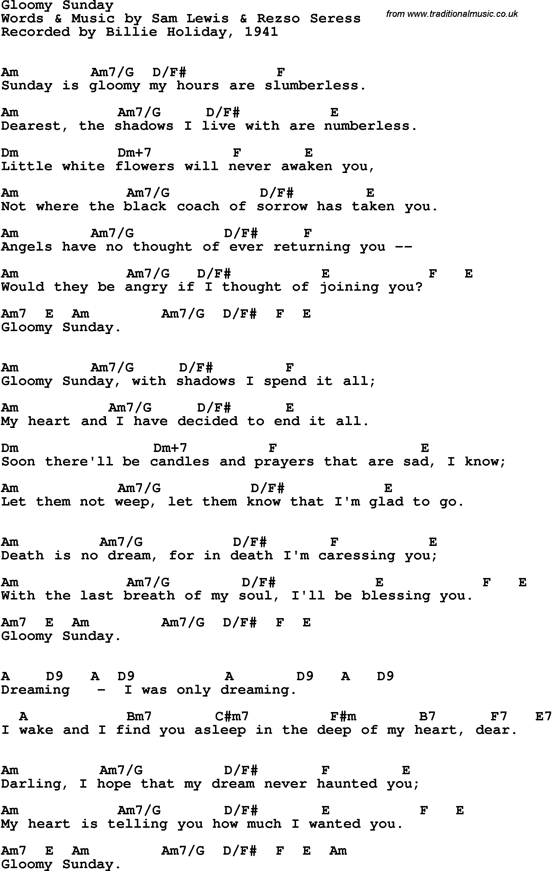 Song Lyrics with guitar chords for Gloomy Sunday - Billie Holiday, 1941