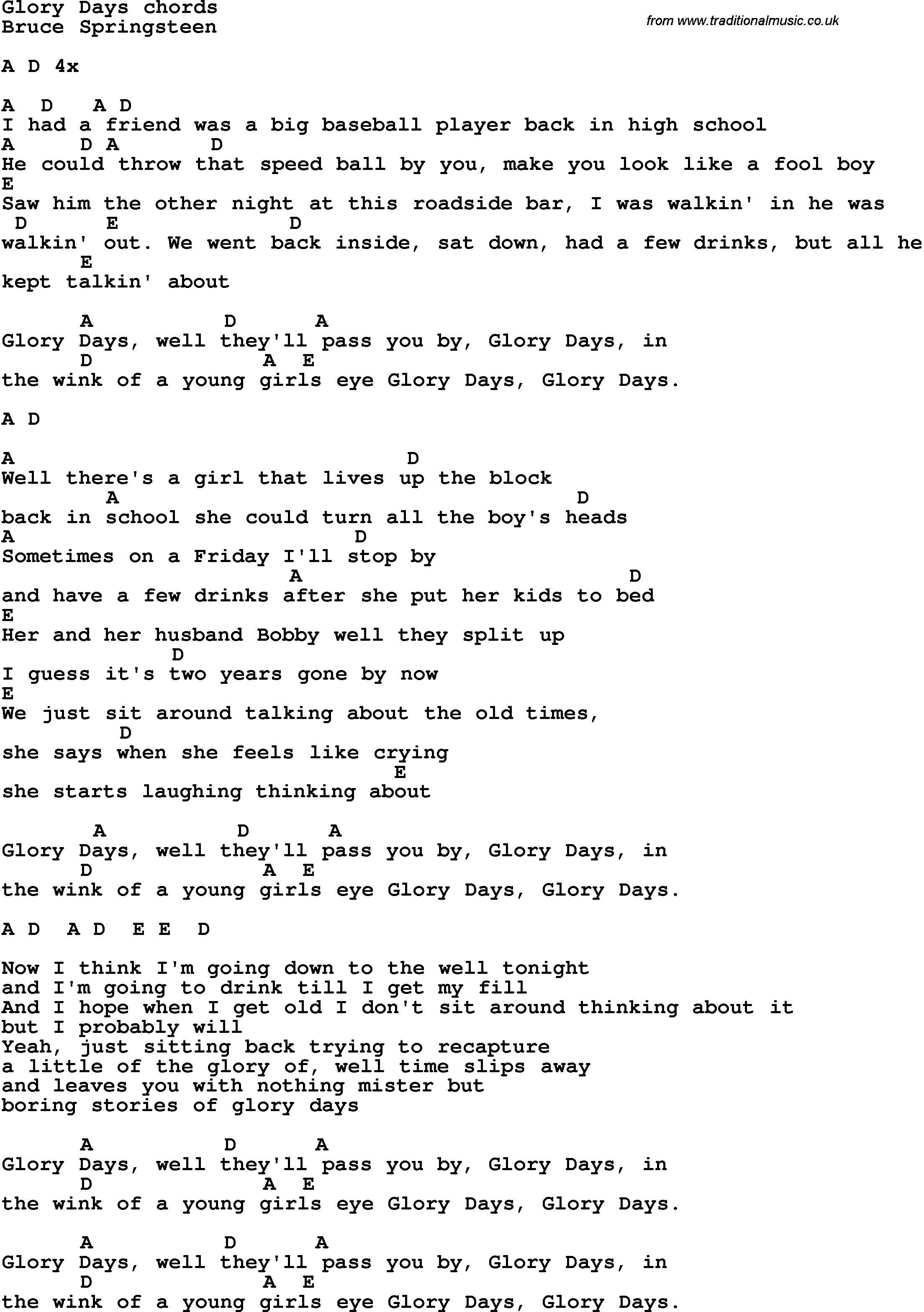Song Lyrics with guitar chords for Glory Day