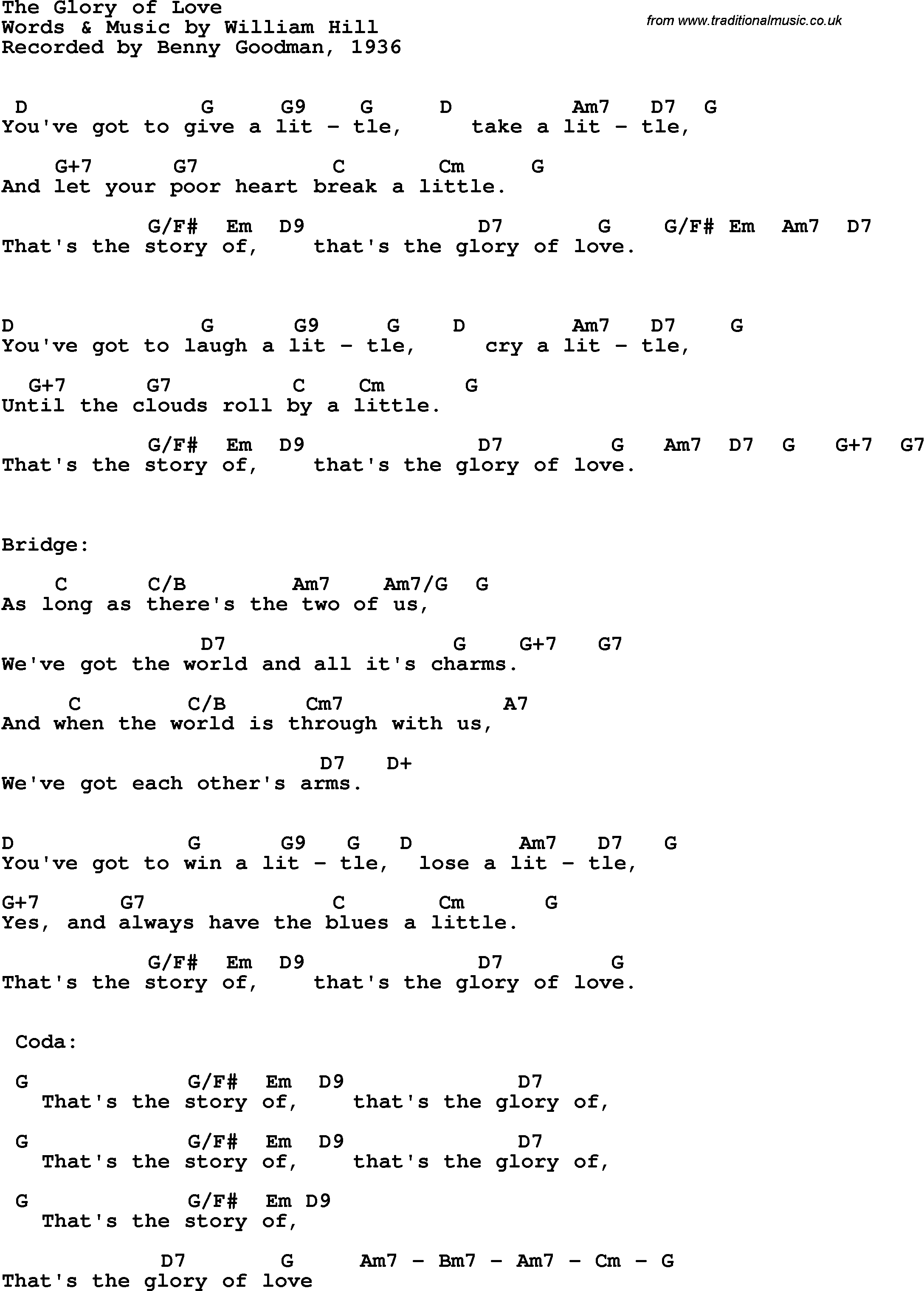 Song Lyrics with guitar chords for Glory Of Love, The - Benny Goodman, 1938